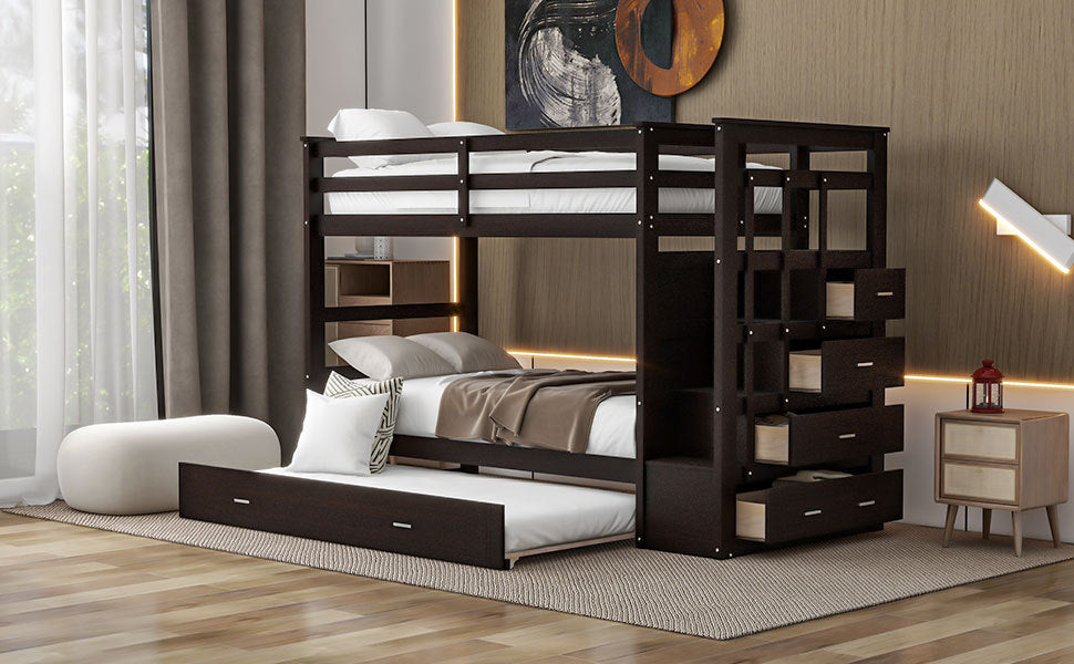 Twin Over Twin Bunk Bed With Trundle And Staircase,Espresso Old Sku:Lt000068Aap Espresso Solid Wood