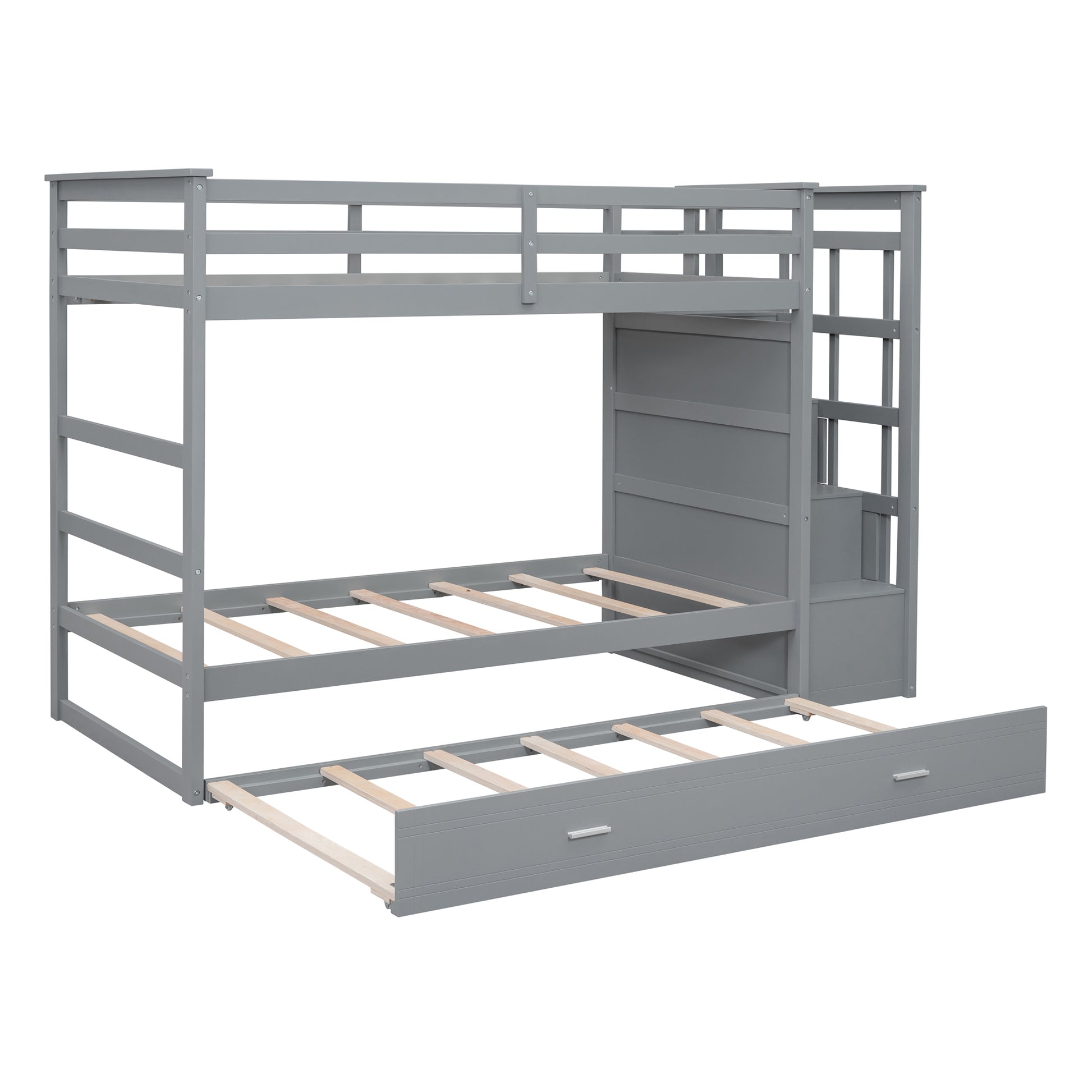 Twin Over Twin Bunk Bed With Trundle And Staircase,Gray Old Sku:Lt000068Aae Gray Solid Wood