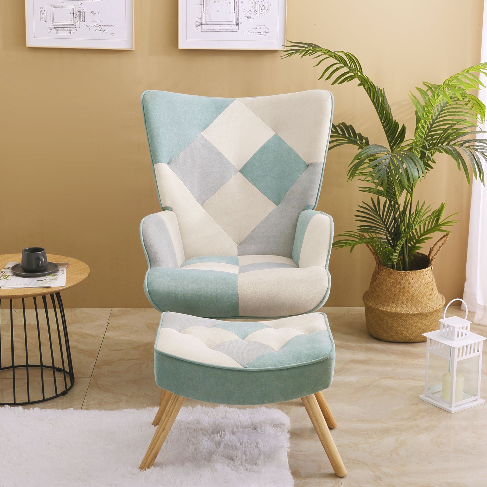 Accent Chair With Ottoman, Living Room Chair And Ottoman Set, Comfy Side Armchair For Bedroom, Creative Splicing Cloth Surface Blue Solid Wood