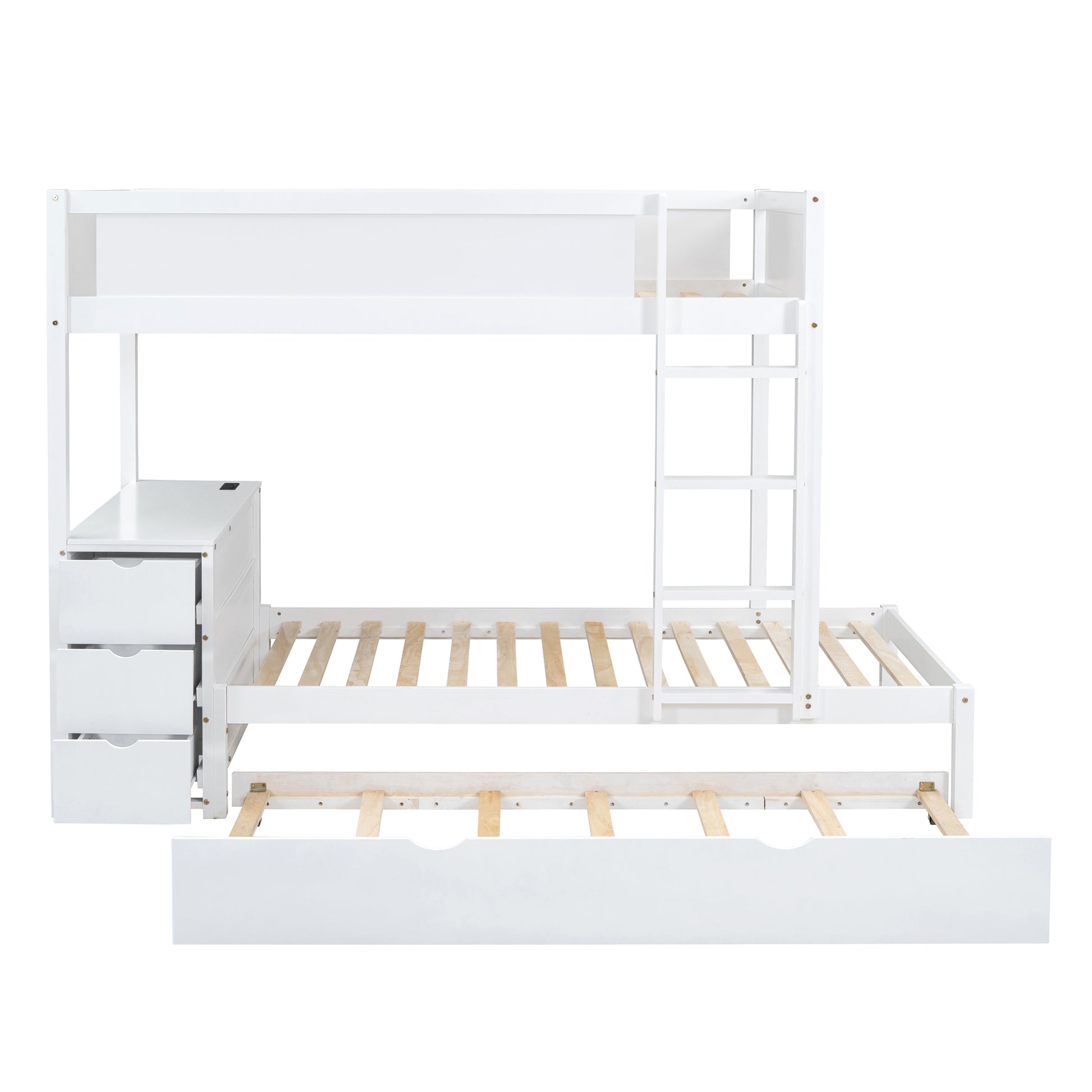 Twin Over Twin Bunk Bed With Twin Size Trundle, Storage And Desk, White White Solid Wood