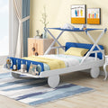 Wood Twin Size Car Bed With Ceiling Cloth, Headboard And Footboard, White Blue Box Spring Not Required Twin White Blue Bedroom Bed Frame Solid Wood Mdf