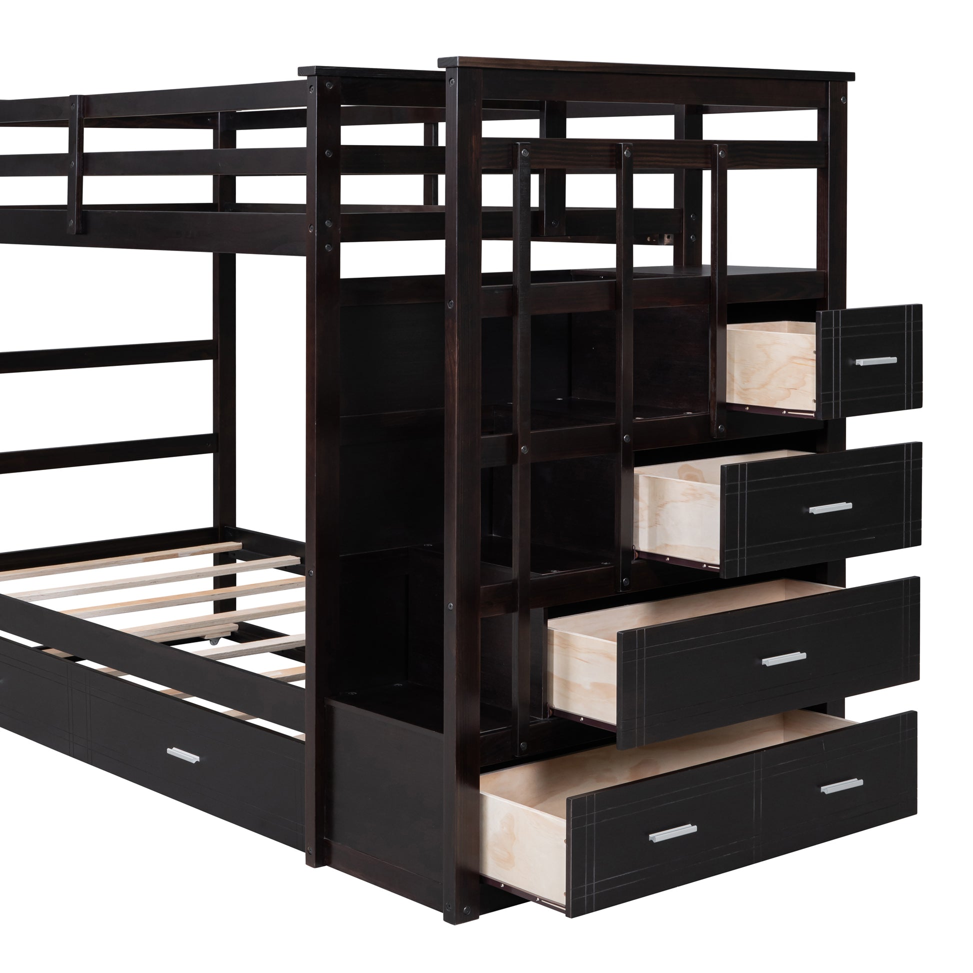 Twin Over Twin Bunk Bed With Trundle And Staircase,Espresso Old Sku:Lt000068Aap Espresso Solid Wood