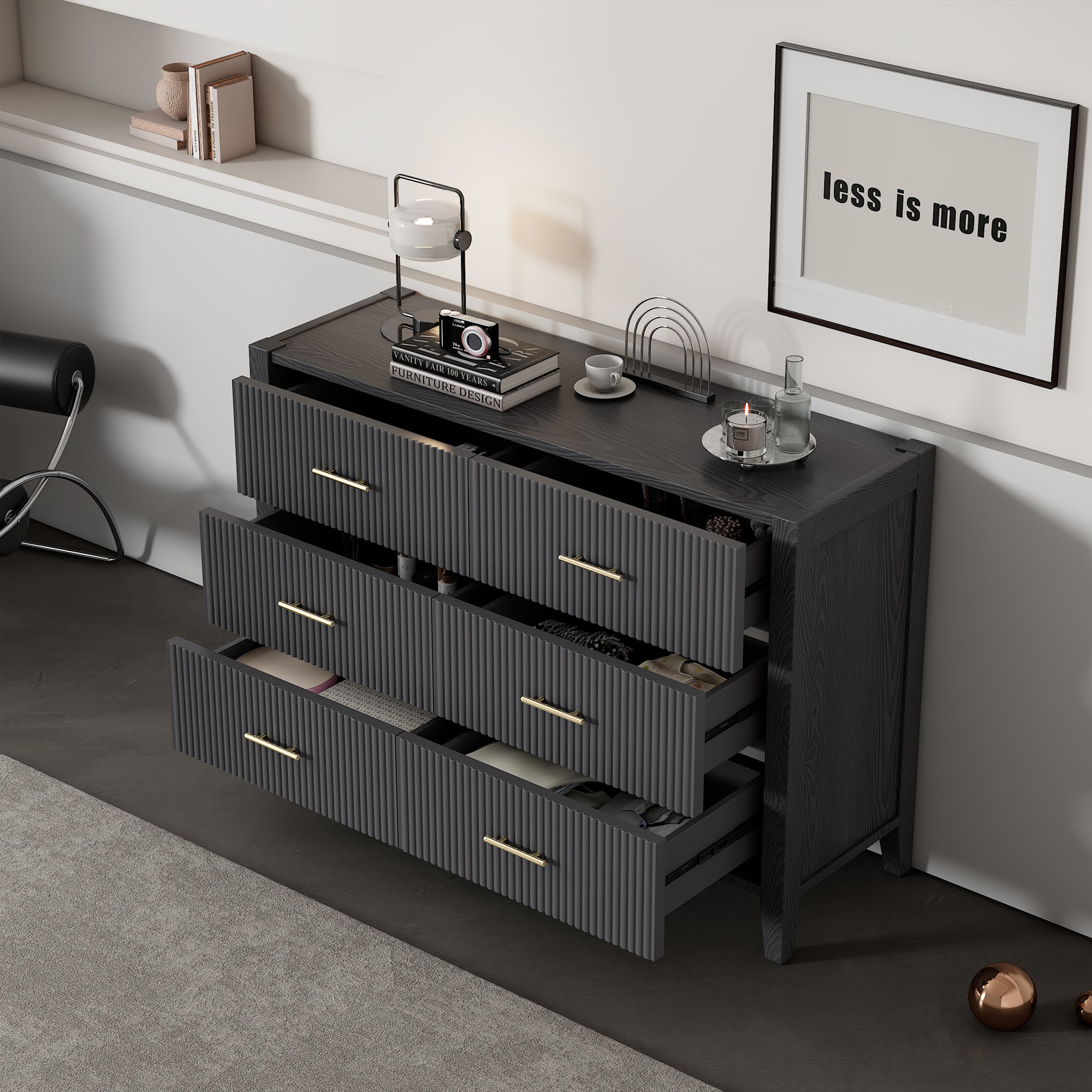 6 Drawer Dresser with Metal Handle for Bedroom black-particle board
