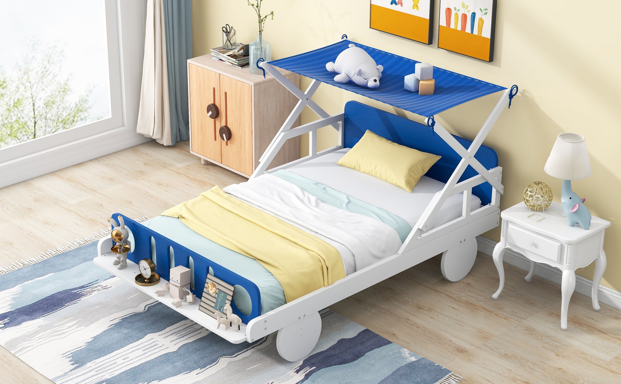 Wood Twin Size Car Bed with Ceiling Cloth,