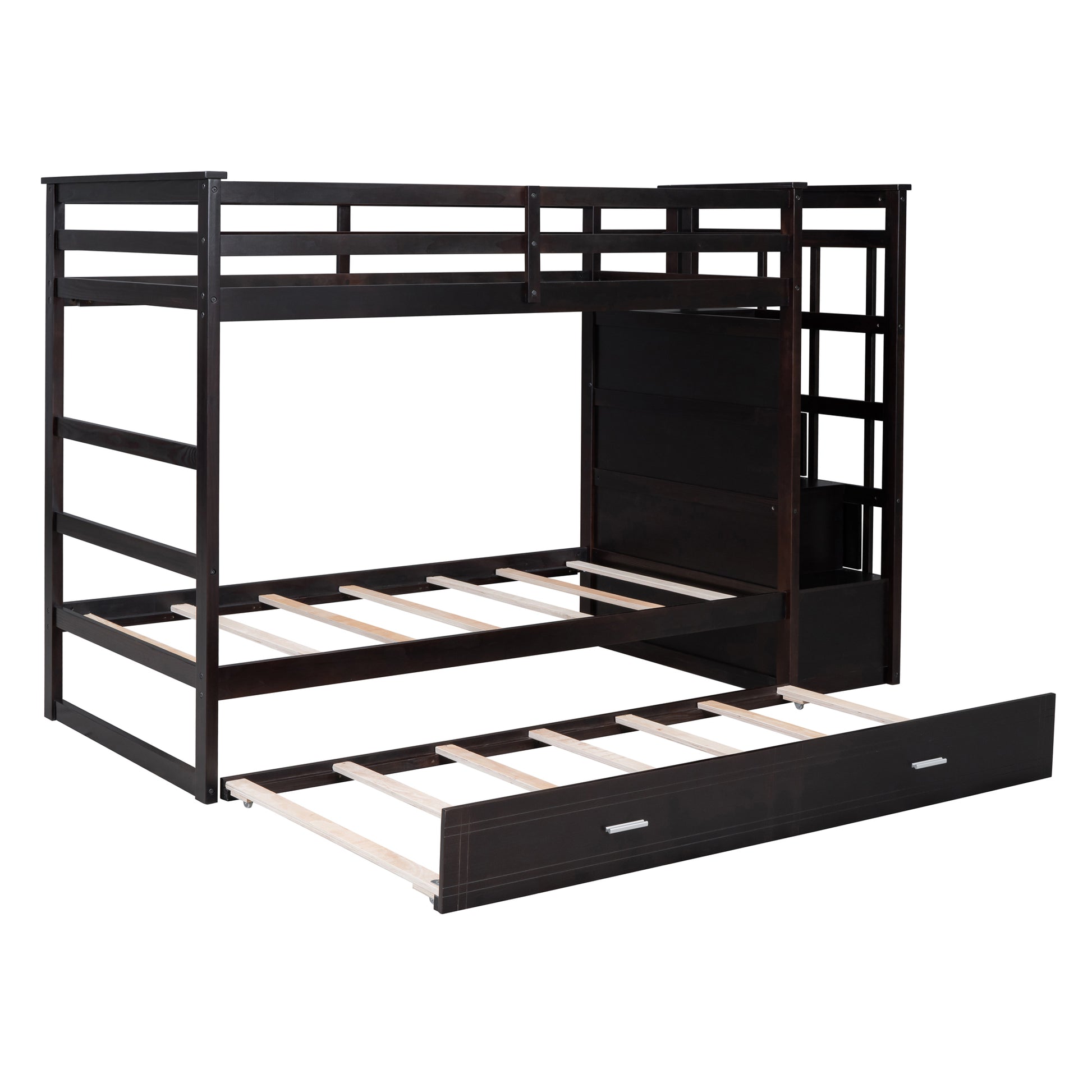 Twin Over Twin Bunk Bed With Trundle And Staircase,Espresso Old Sku:Lt000068Aap Espresso Solid Wood