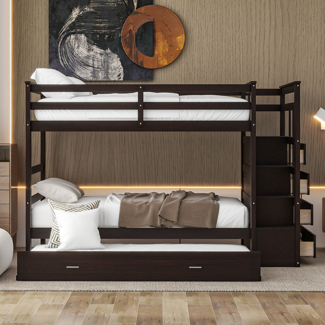 Twin Over Twin Bunk Bed With Trundle And Staircase,Espresso Old Sku:Lt000068Aap Espresso Solid Wood