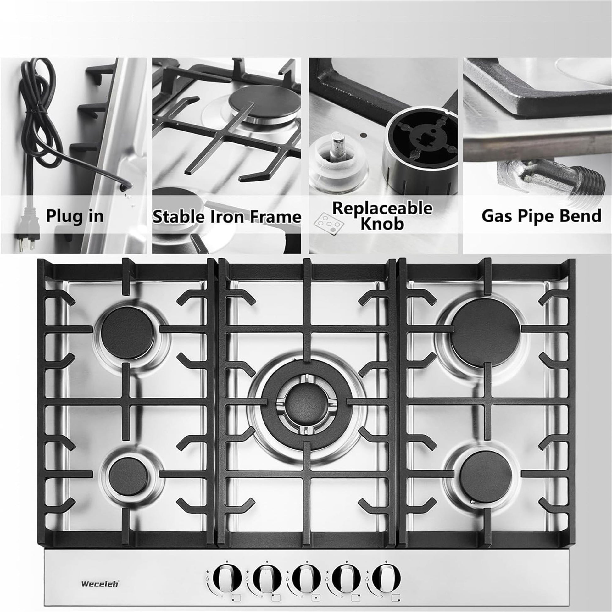 30" Built in Gas Cooktop Stove Top 5 Burners LPG NG silver-kitchen-modern-stainless steel