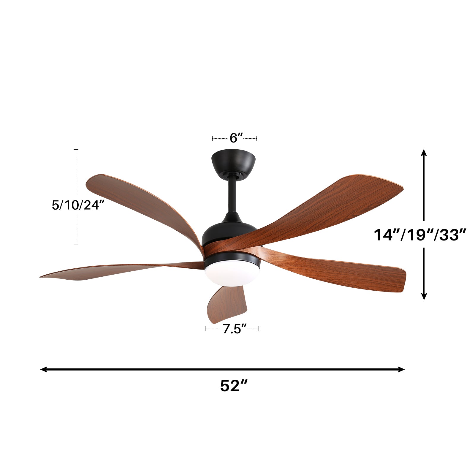 52 Inch Modern Ceiling Fan With 5 Abs Blades Noiseless Reversible Dc Motor Black For Bedroom Black Abs