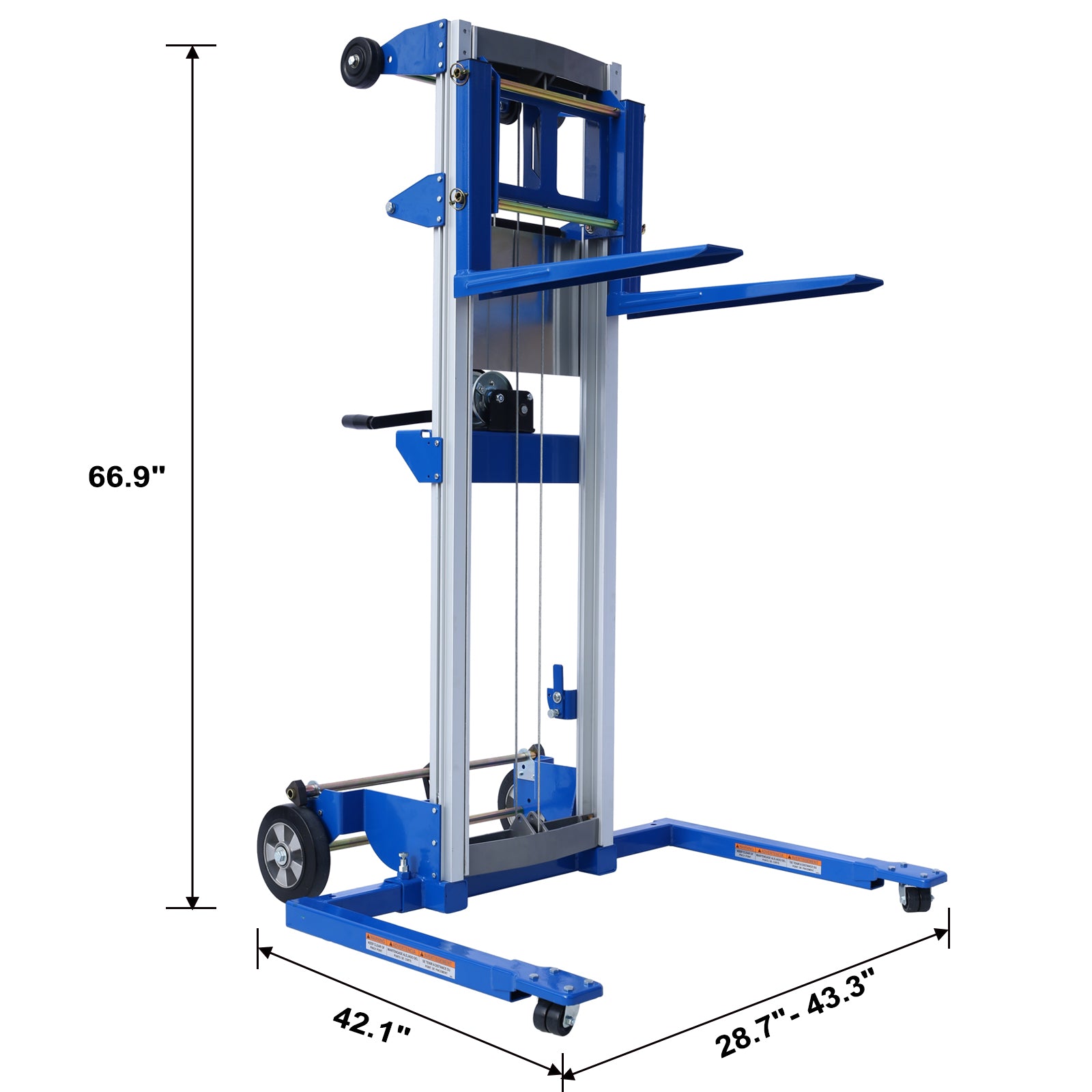 Adjustable Straddle Hand Winch Lift Truck, 42.90" Length, 43.30" Width, 66.9" Height, 400 Lbs Capacity Blue Aluminium