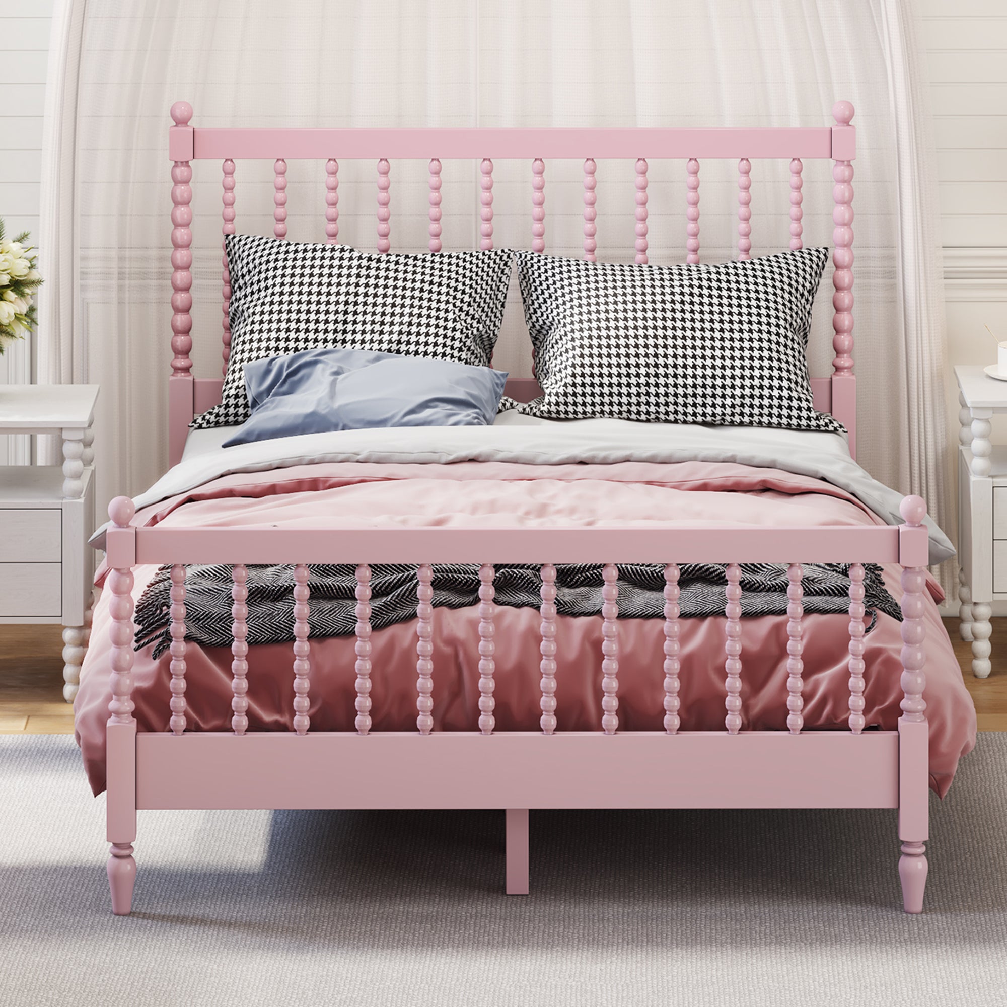 Full Size Wood Platform Bed with Gourd Shaped pink-wood