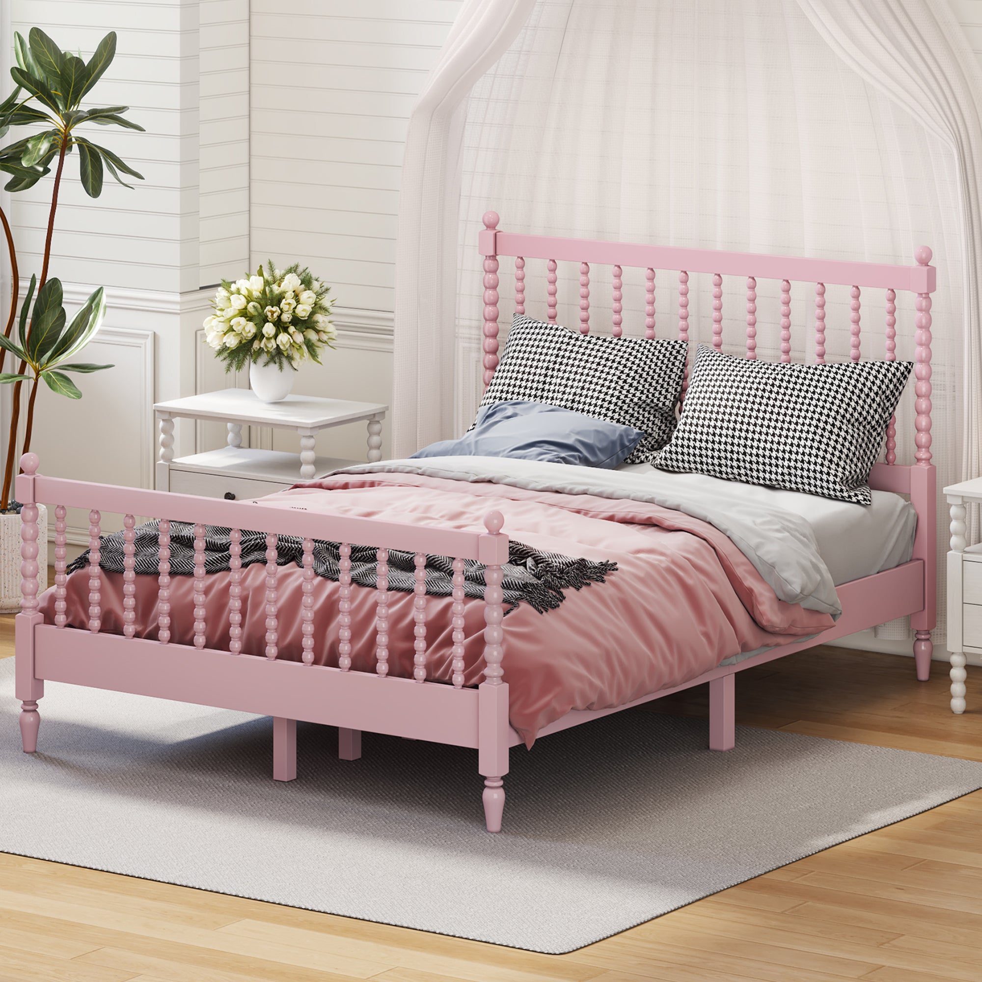 Full Size Wood Platform Bed with Gourd Shaped pink-wood