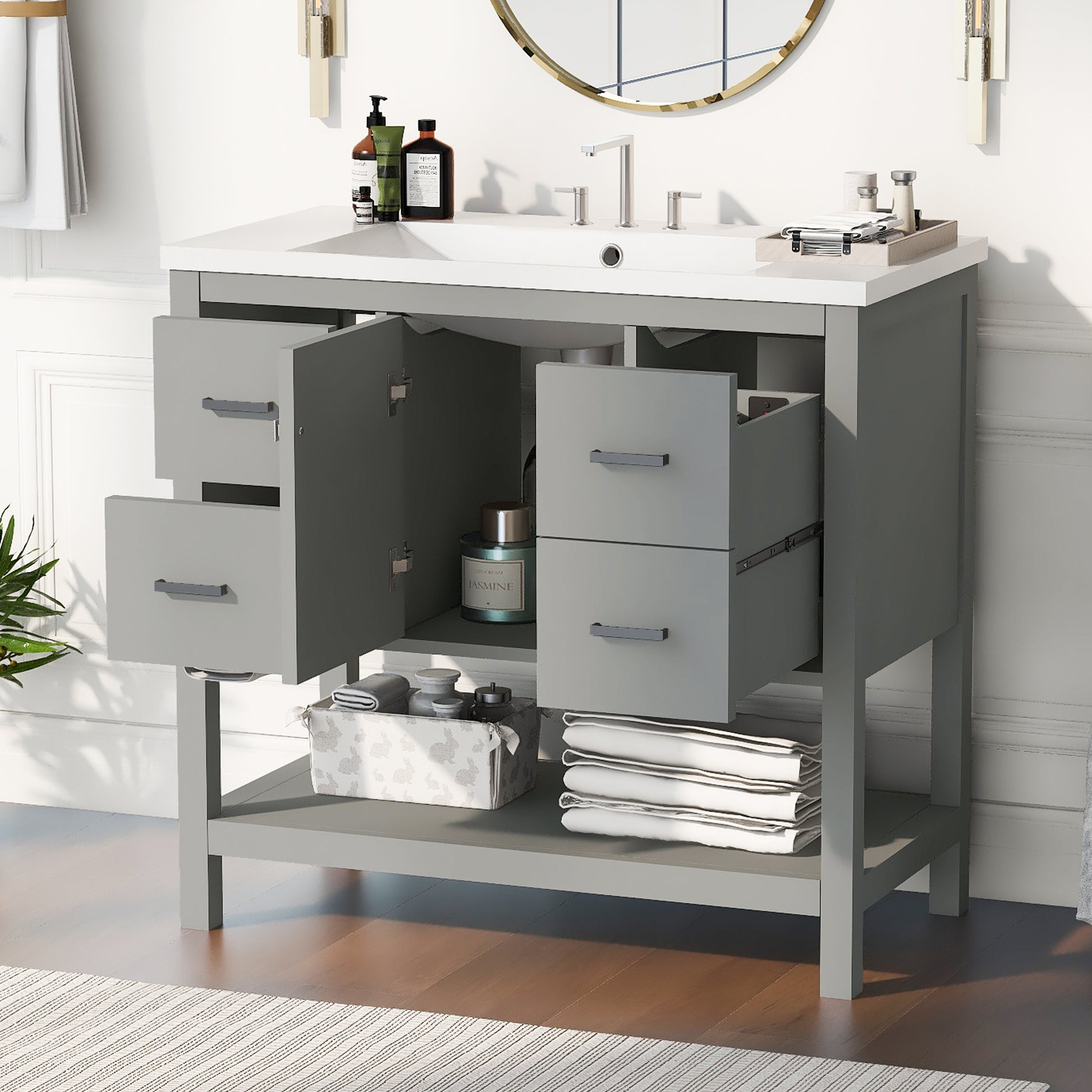 36" Gray Modern Bathroom Vanity With Usb,Two Shallow Drawers, One Deep Drawer,One Door,Single Resin Sink,Small Bathroom Organization Cabinet Gray Solid Wood Mdf Resin