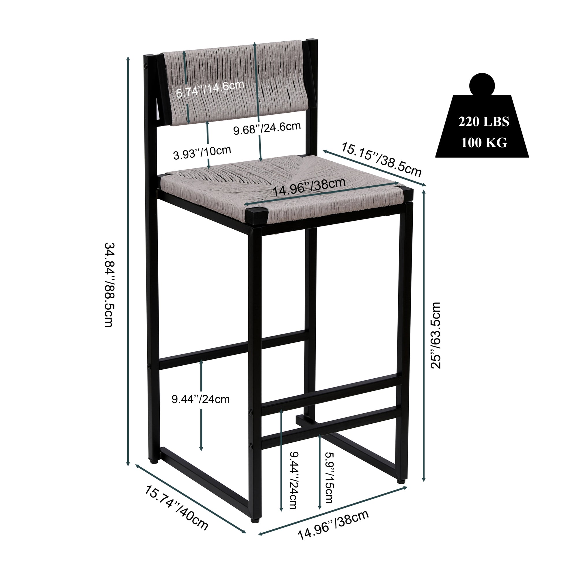 Gray Set Of 2 Hand Weave Bar Stools With Back Counter Height Bar Chairs Paper Rope Woven Dining Stool For Kitchen, Home & Office Gray Metal Gray Dining Room Dry Clean Farmhouse Bar Stools Paper Rope