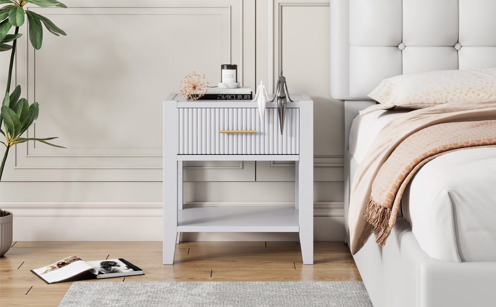 Wooden Nightstand with a Drawer and an Open Storage white-particle board