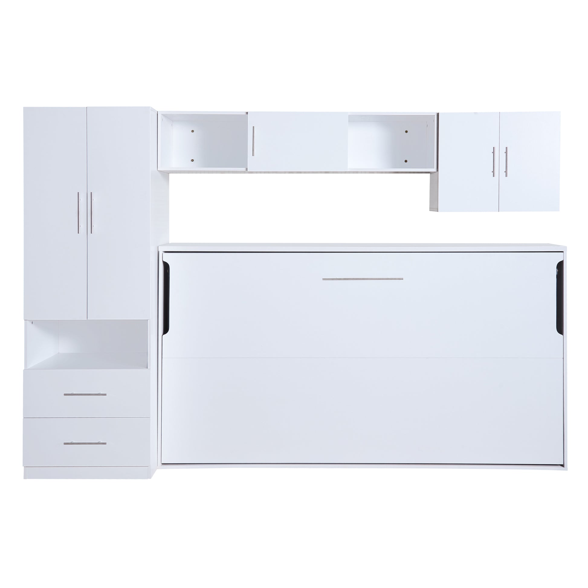 Twin Size Murphy Bed With Open Shelves And Storage Drawers,Built In Wardrobe And Table, White Twin White Solid Wood Mdf