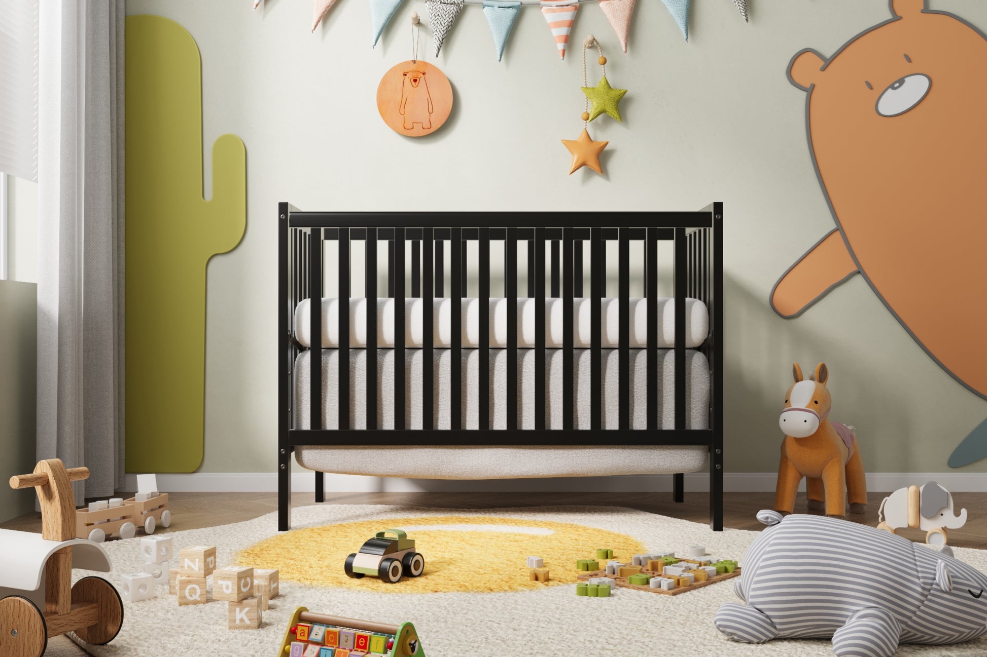 5 In 1 Convertible Crib, Converts From Baby Crib To Toddler Bed, Fits Standard Full Size Crib Mattress ,Easy To Assemble 53*29*9 Inches Black Black Classic Pine Wood