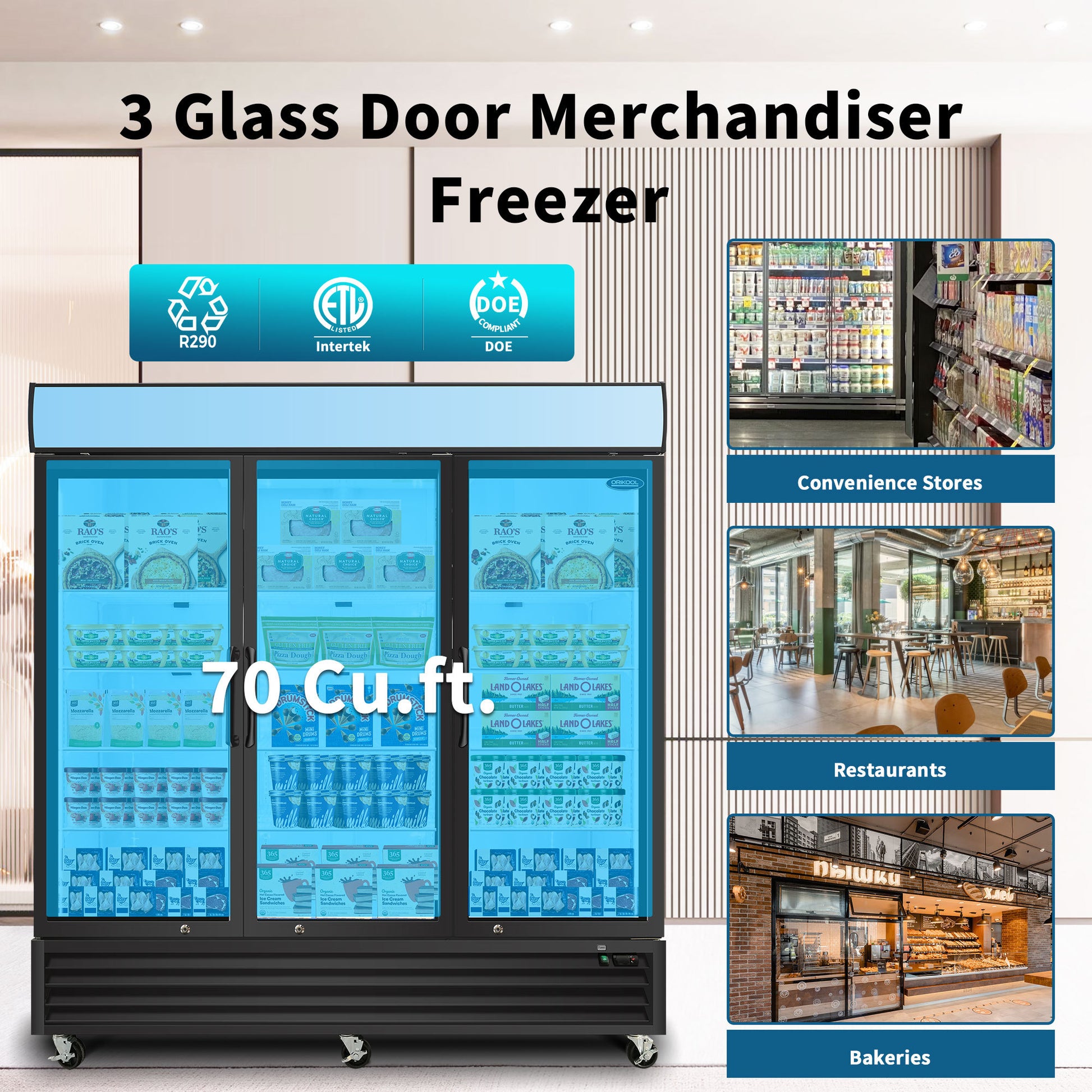 ORIKOOL Glass Door Merchandiser Freezer 70 Cu.ft Swing black-steel