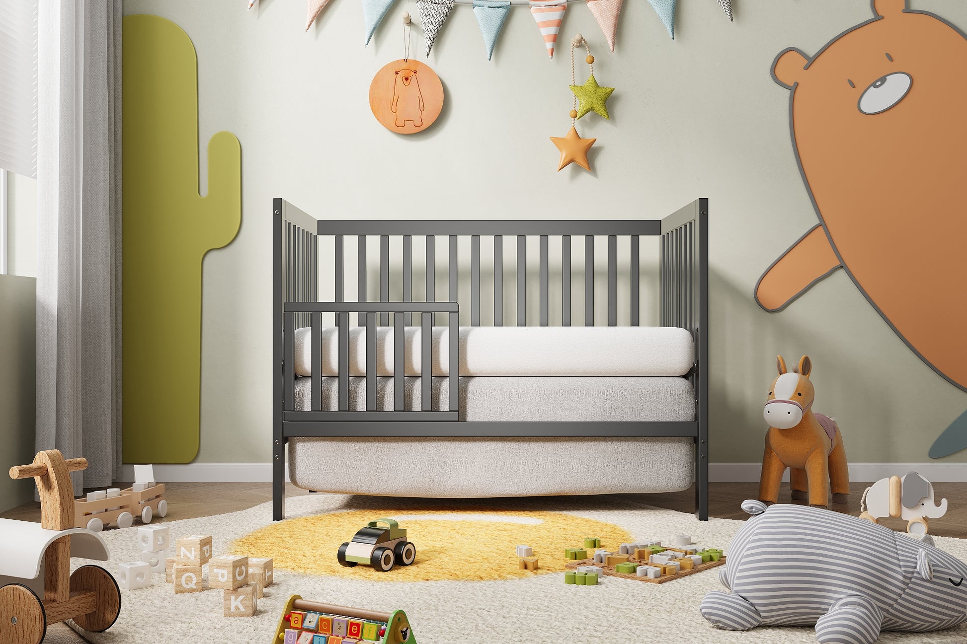 5 In 1 Convertible Crib, Converts From Baby Crib To Toddler Bed, Fits Standard Full Size Crib Mattress ,Easy To Assemble 53*29*9 Inches Storm Grey Steel Gray Classic Pine Wood