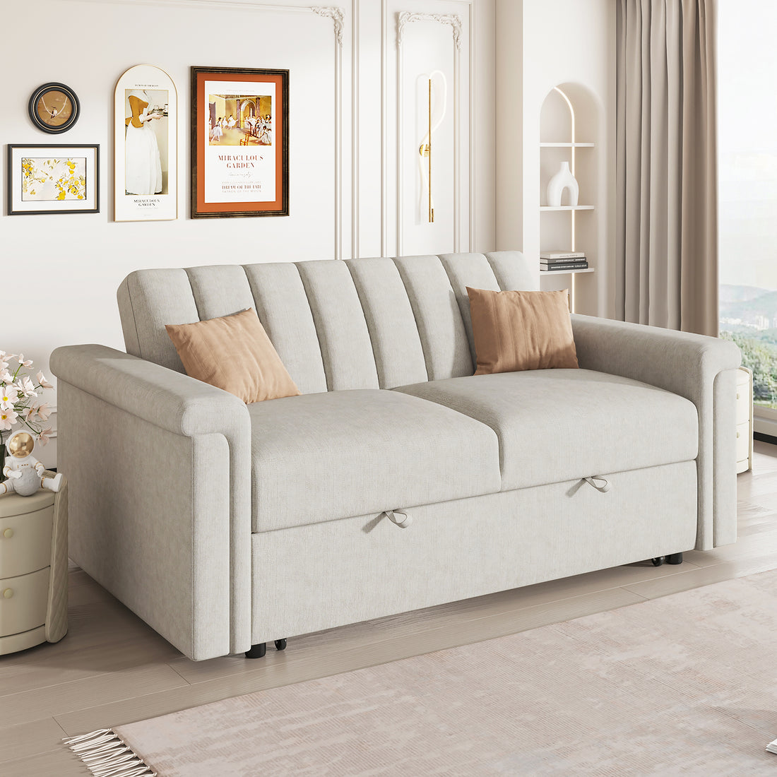 Convertible Soft Cushion Sofa Pull Bed ,For Two People To Sit On Beige Polyester