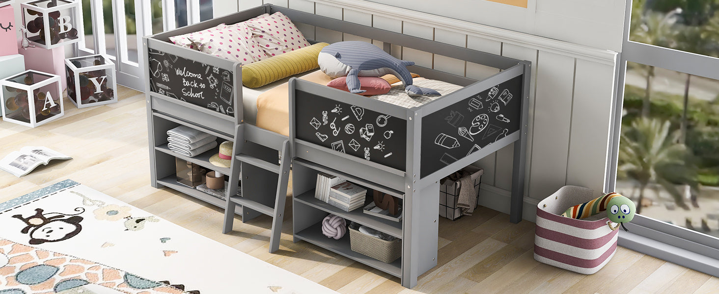 Twin Size Low Loft Bed With Two Movable Shelves And Ladder,With Decorative Guardrail Chalkboard,Gray Old Sku: Wf283286Aae Box Spring Not Required Twin Gray Wood Bedroom Pine