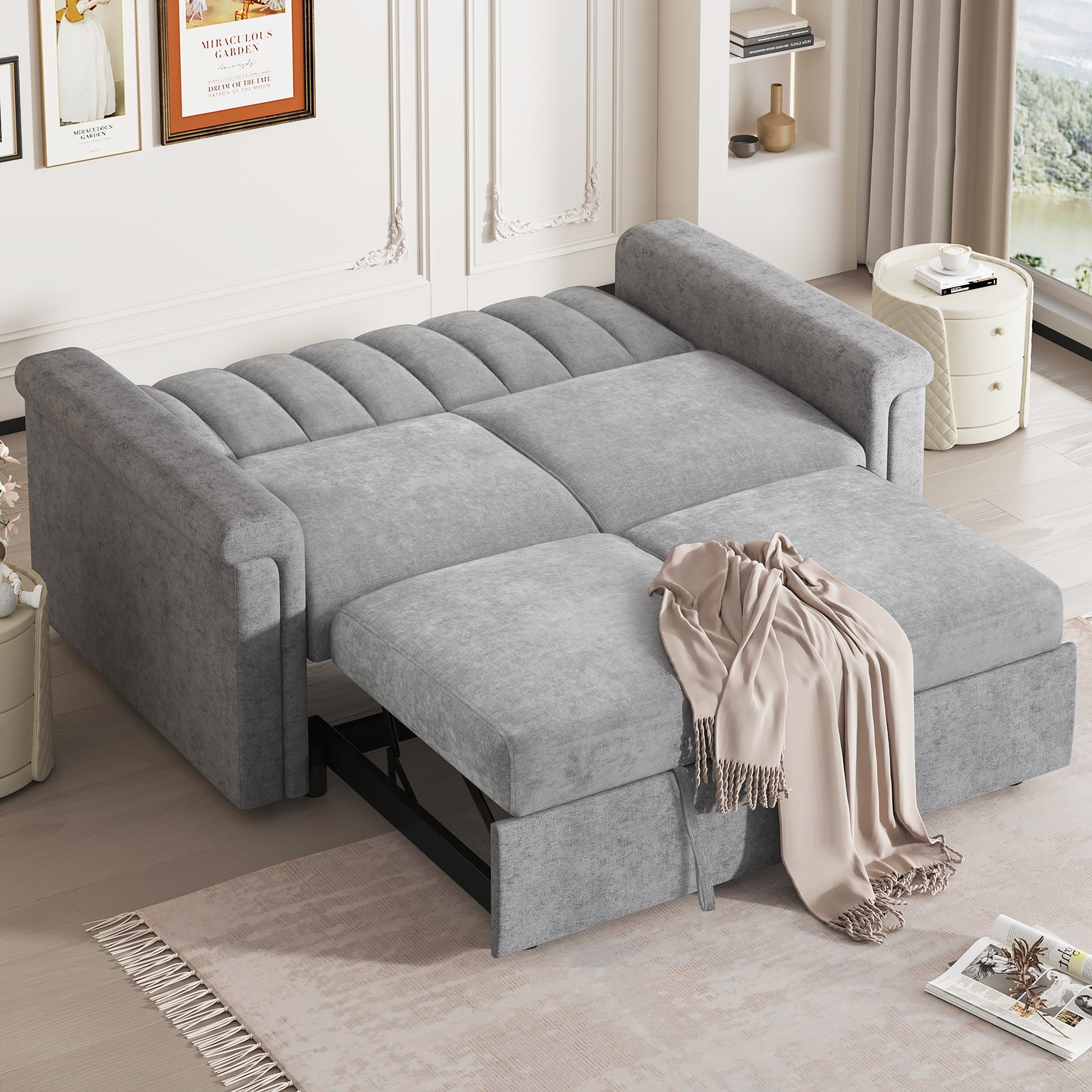 Convertible Soft Cushion Sofa Pull Bed ,For Two People To Sit On Gray Polyester