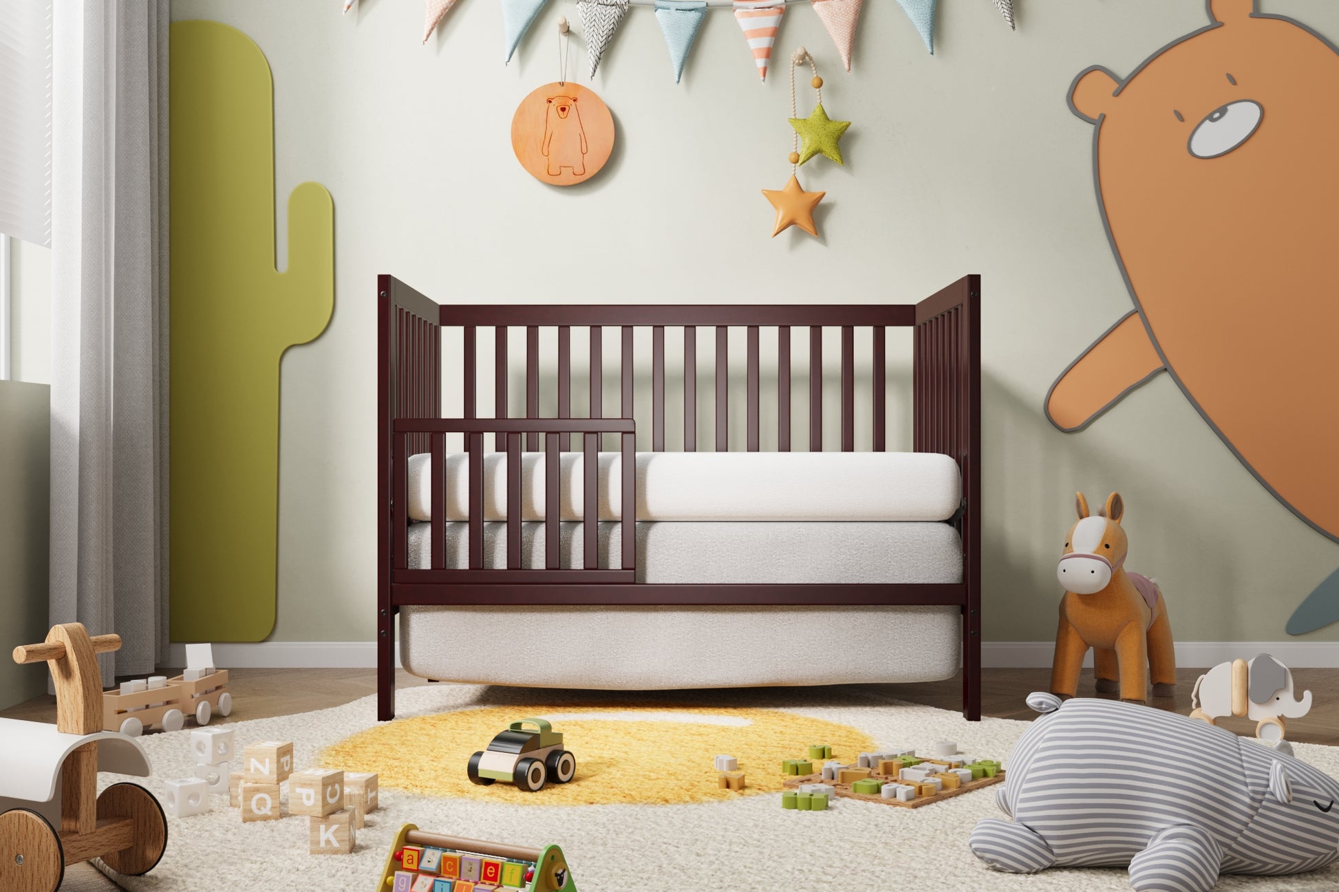 5 In 1 Convertible Crib, Converts From Baby Crib To Toddler Bed, Fits Standard Full Size Crib Mattress ,Easy To Assemble 53*29*9 Inches Espresso Espresso Classic Pine Wood