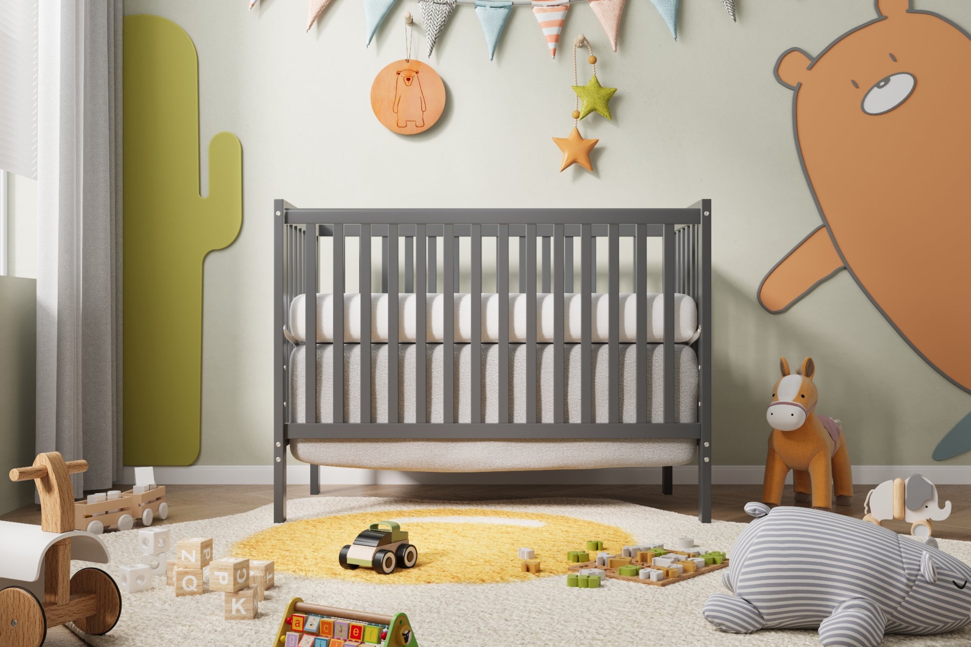 5 In 1 Convertible Crib, Converts From Baby Crib To Toddler Bed, Fits Standard Full Size Crib Mattress ,Easy To Assemble 53*29*9 Inches Storm Grey Steel Gray Classic Pine Wood