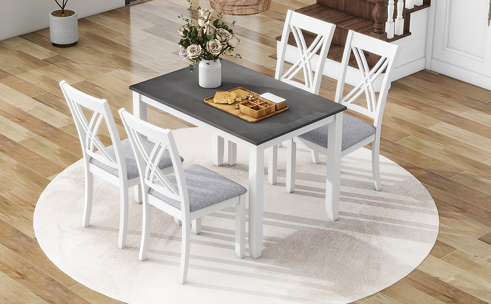 Rustic Minimalist Wood 5 Piece Dining Table Set With 4 X Back Chairs For Small Places, Gray Gray Wood Dining Room Solid Wood Rubberwood Rectangular Dining Table With Chair Upholstered Chair Wood Grey Slat Back Seats 4 Rustic 4 Leg Foam Solid Wood