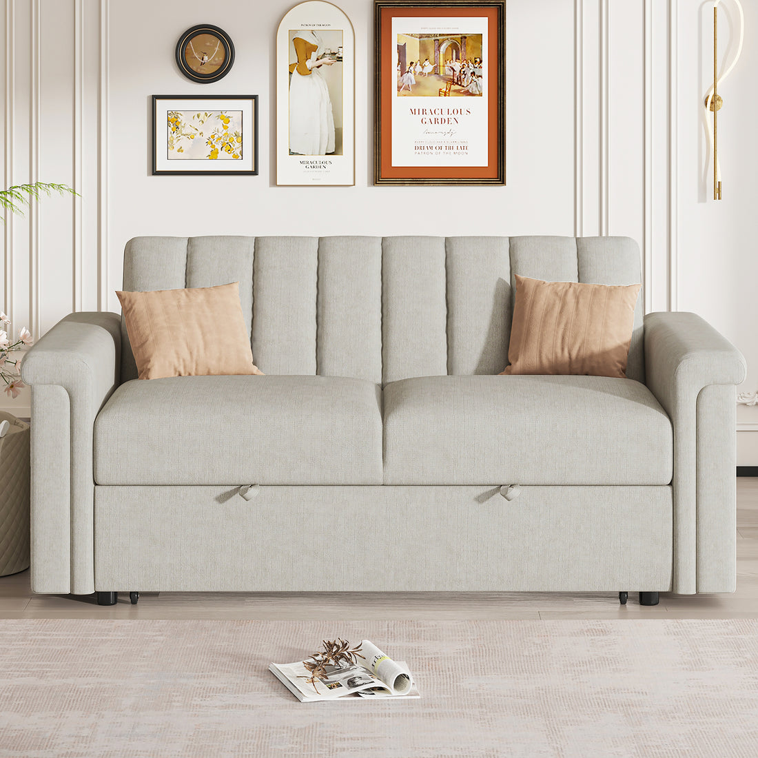 Convertible Soft Cushion Sofa Pull Bed ,For Two People To Sit On Beige Polyester