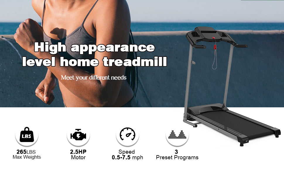 Foldable Electric Treadmill 2.5Hp Motorized Running Machine With 12 Perset Programs 265Lbs Weight Capacity Walking Jogging Treadmill Black Steel