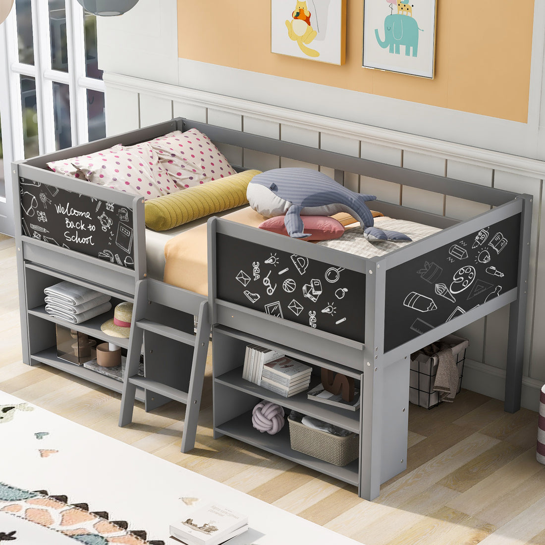 Twin Size Low Loft Bed With Two Movable Shelves And Ladder,With Decorative Guardrail Chalkboard,Gray Old Sku: Wf283286Aae Box Spring Not Required Twin Gray Wood Bedroom Pine