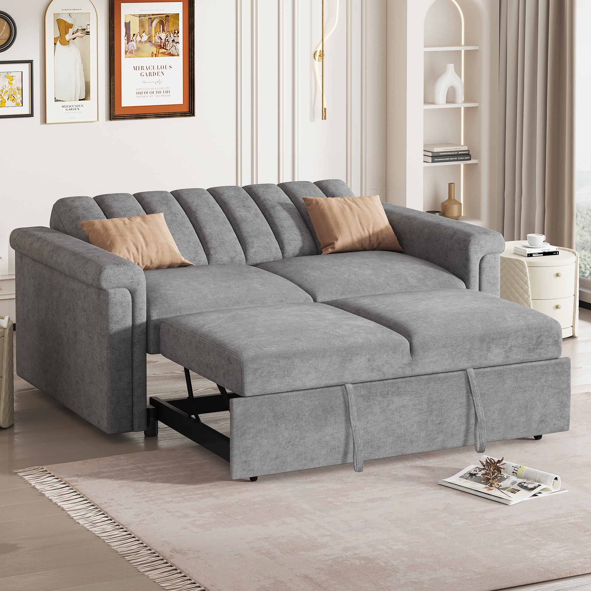 Convertible Soft Cushion Sofa Pull Bed ,For Two People To Sit On Gray Polyester