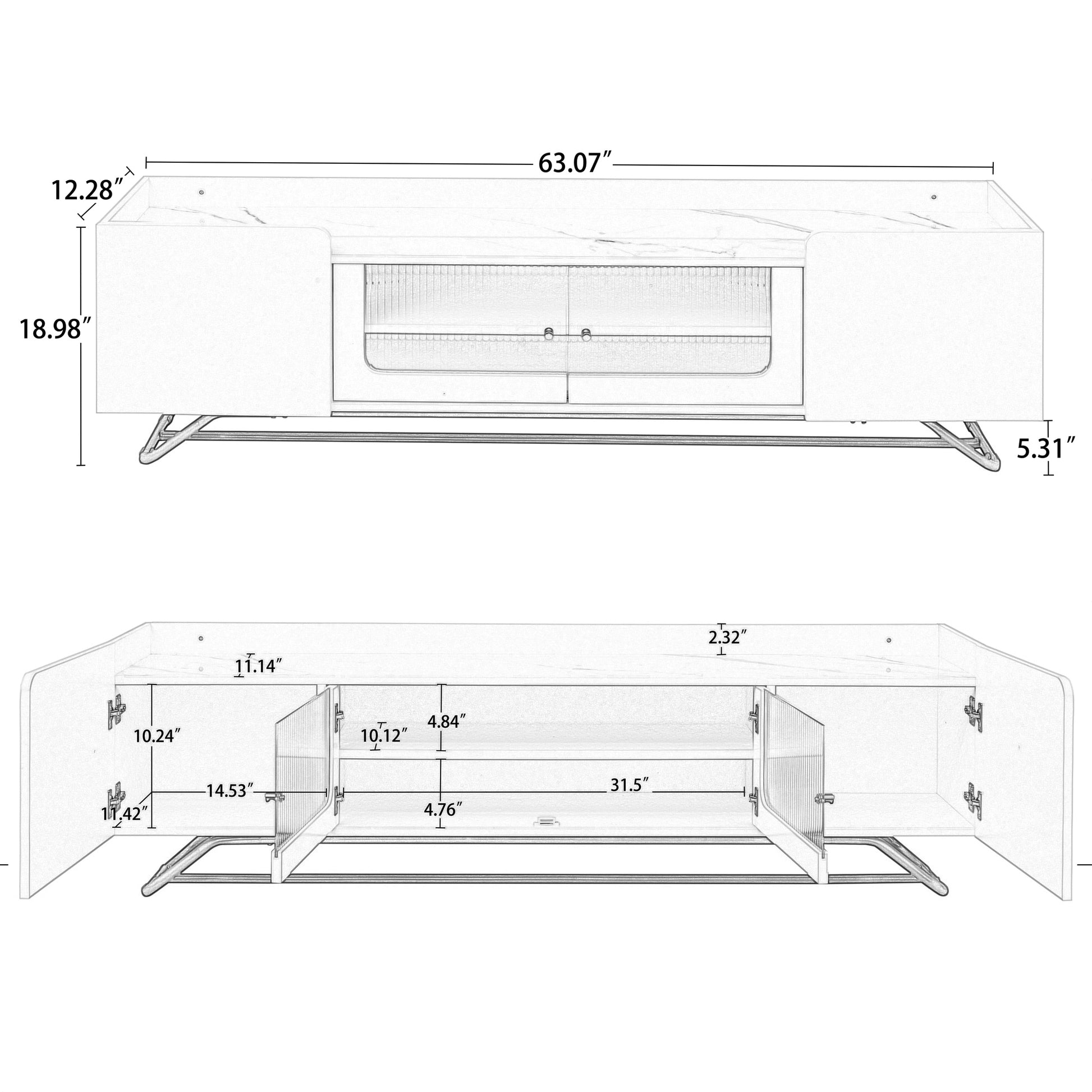 Sleek Design Tv Stand With Fluted Glass, Contemporary Entertainment Center For Tvs Up To 70", Faux Marble Top Tv Console Table With Gold Frame Base, Grey Grey Primary Living Space 70 79 Inches 70 79 Inches Modern 70 Inches Particle Board