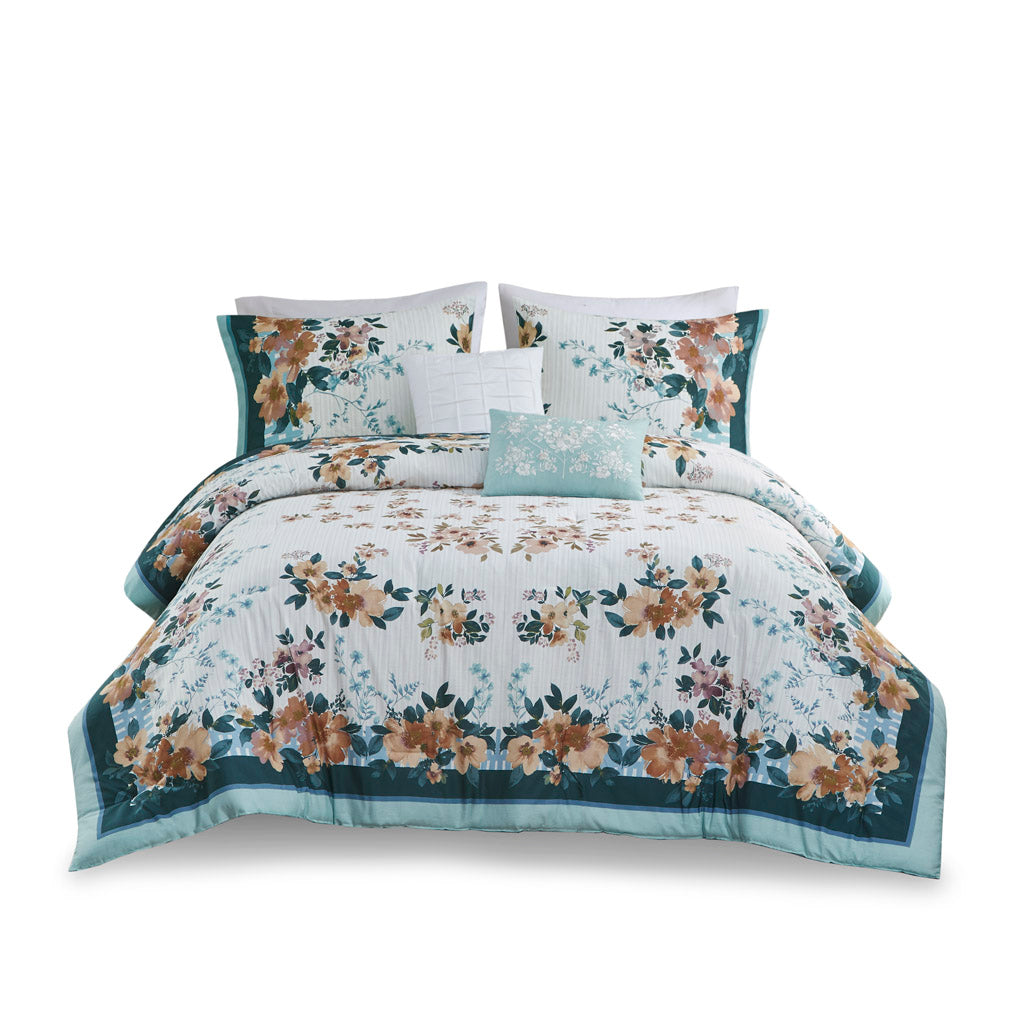 5 Piece Cotton Floral Comforter Set With Throw Pillows Teal Cotton