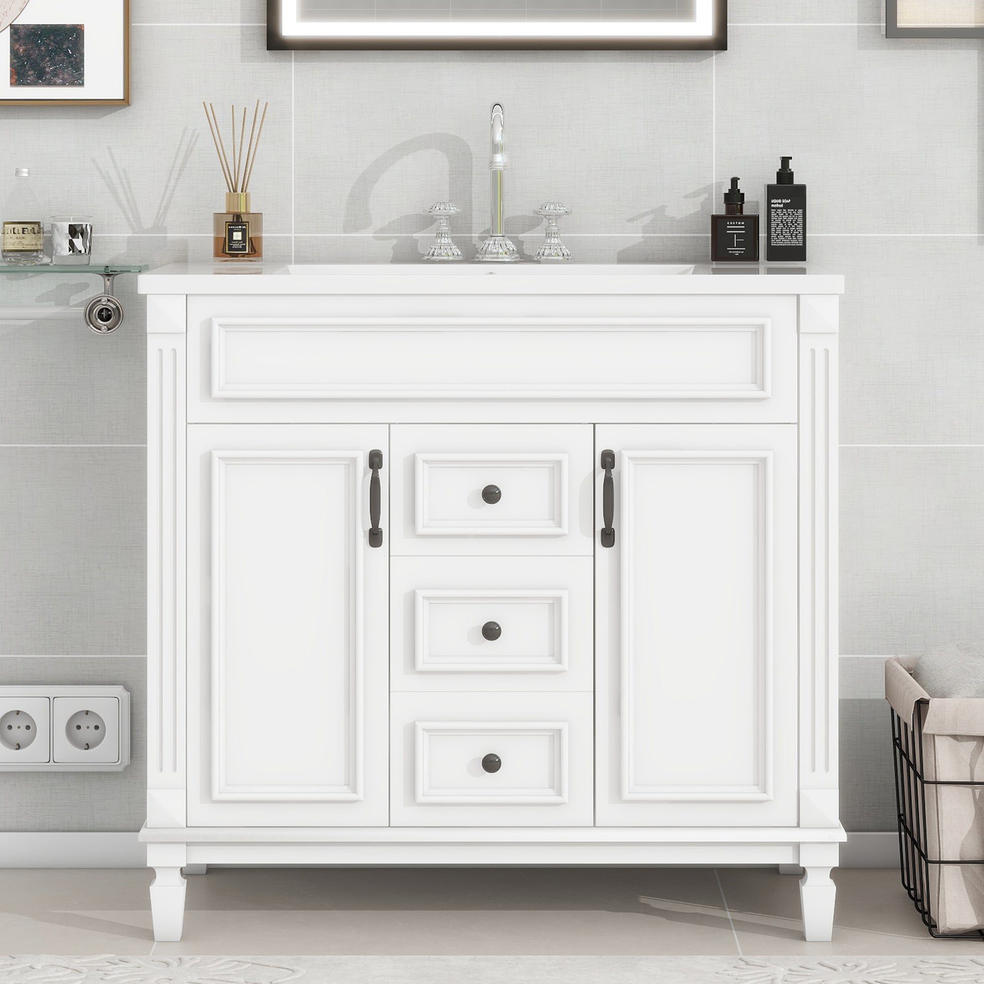 36'' Bathroom Vanity With Top Sink, Modern Bathroom Storage Cabinet With 2 Soft Closing Doors And 2 Drawers, Single Sink Bathroom Vanity White Mdf