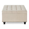 Large Square Storage Ottoman With Wooden Legs, Upholstered Button Tufted Coffee Table With Nail Trims For Living Space,Beige Espresso Wood Primary Living Space Black Solid Rubberwood Wood With Storage Beige Linen Linen Or Linen Blend Backless Medium Soft