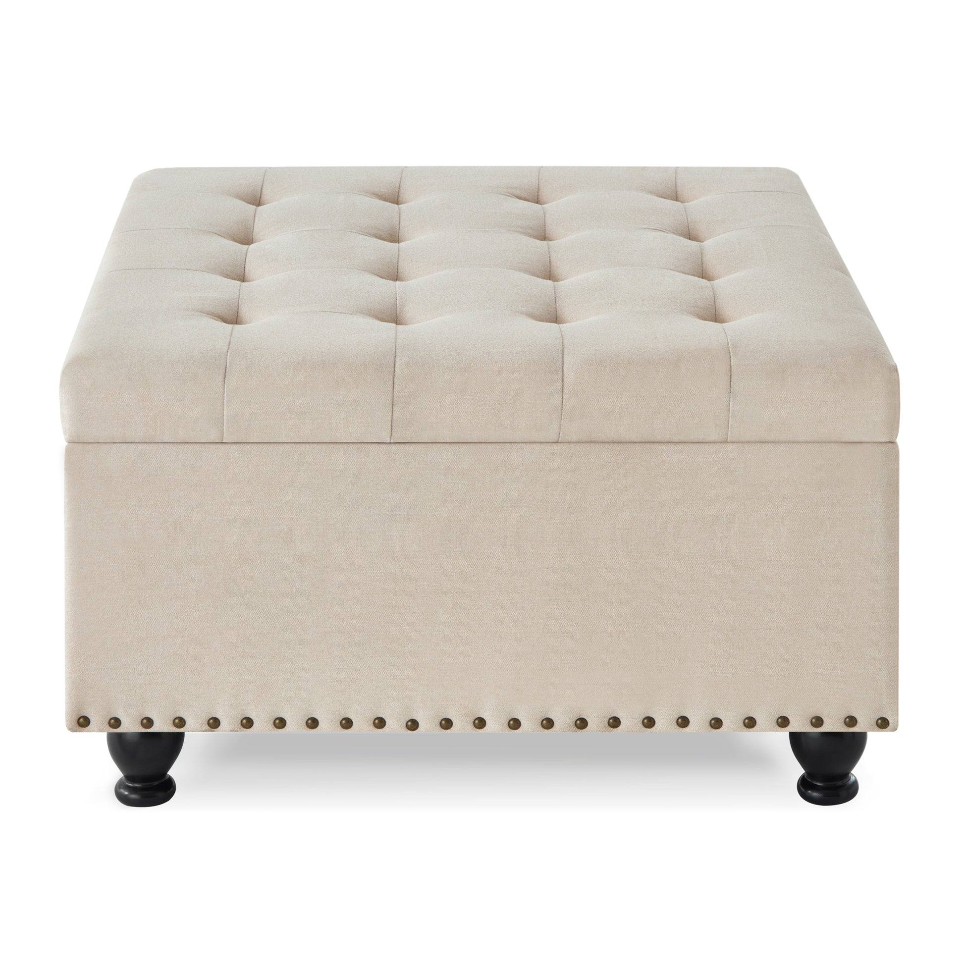 Large Square Storage Ottoman With Wooden Legs, Upholstered Button Tufted Coffee Table With Nail Trims For Living Space,Beige Espresso Wood Primary Living Space Black Solid Rubberwood Wood With Storage Beige Linen Linen Or Linen Blend Backless Medium Soft