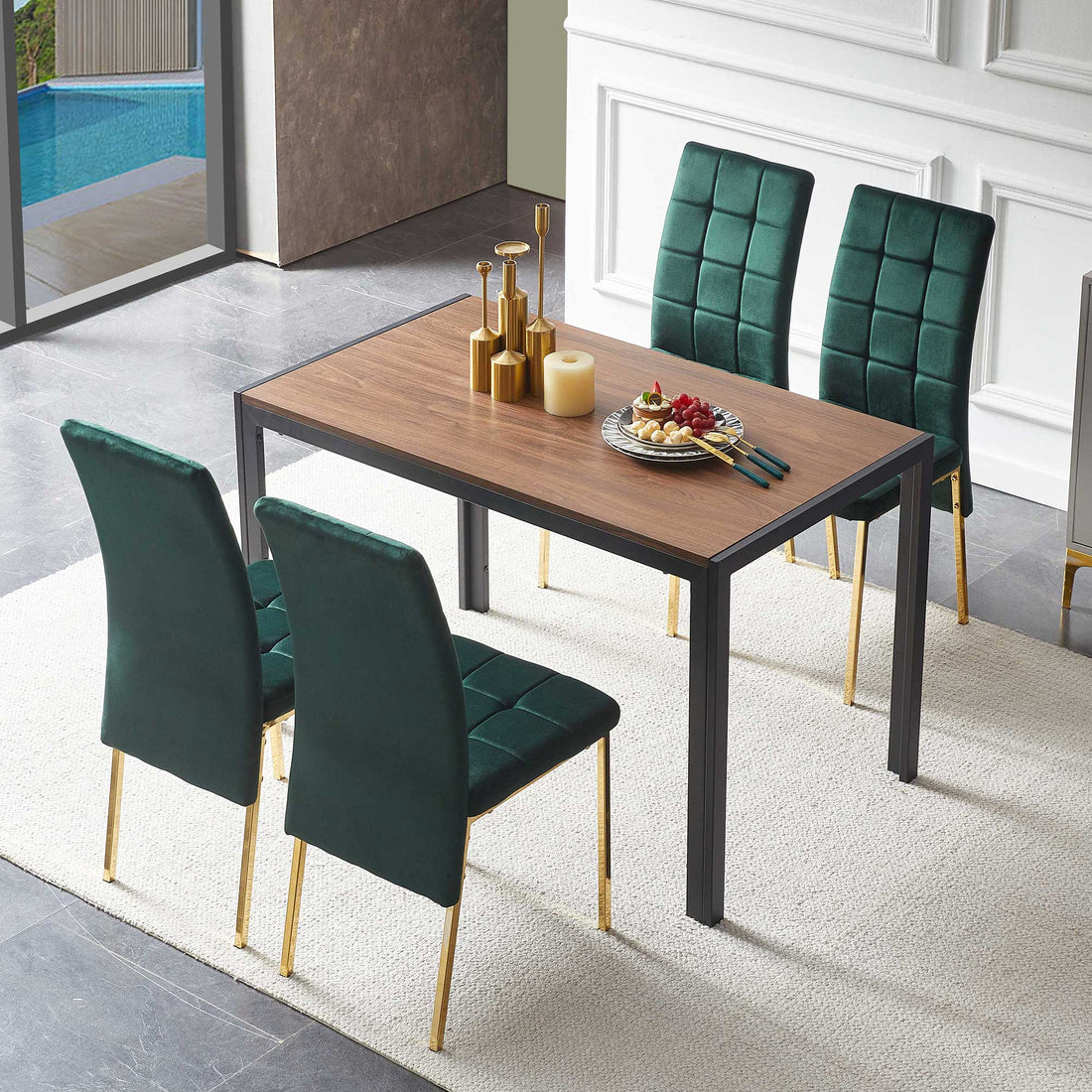 5 Piece Dining Set Including Green Velvet High Back Golden Color Legs Nordic Dining Chair & Creative Design Mdf Dining Table Metal Green Seats 4 Brown Metal Dining Room 4 Leg Square Dining Table With Chair Mdf