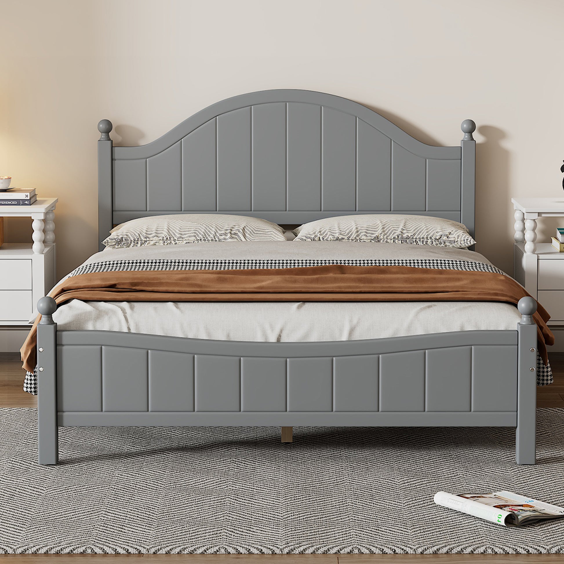 Traditional Concise Style Gray Solid Wood Platform Bed, No Need Box Spring, Queen Queen Gray Wood