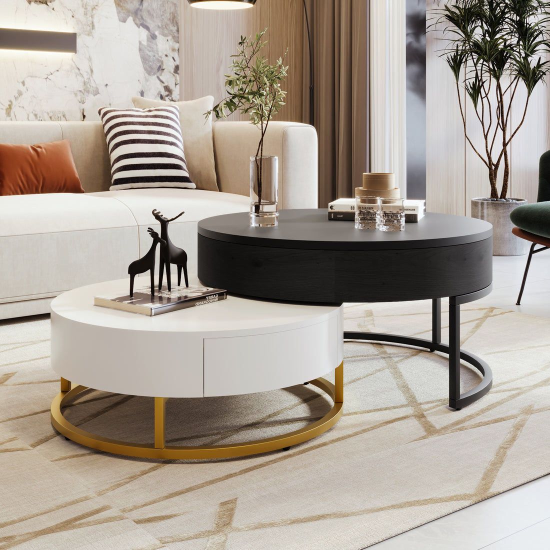 Modern Round Lift Top Nesting Coffee Tables With 2 Drawers White & Black White Black Mdf