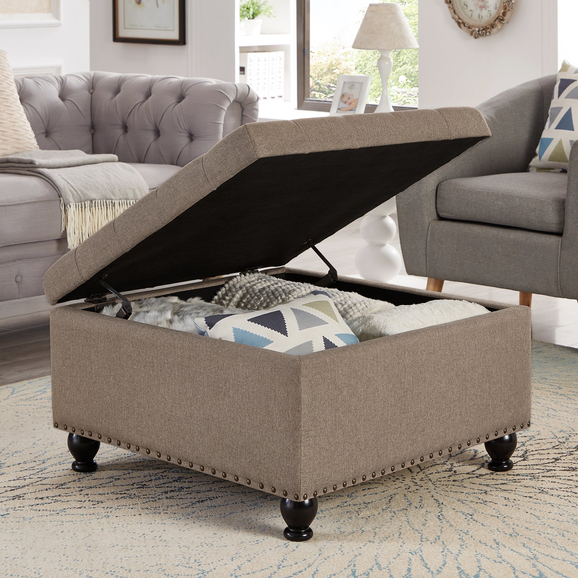 Large Square Storage Ottoman With Wooden Legs, Upholstered Button Tufted Coffee Table With Nail Trims For For Living Space,Linen Espresso Wood Primary Living Space Black Solid Rubberwood Wood With Storage Linen Linen Linen Or Linen Blend Backless Medium