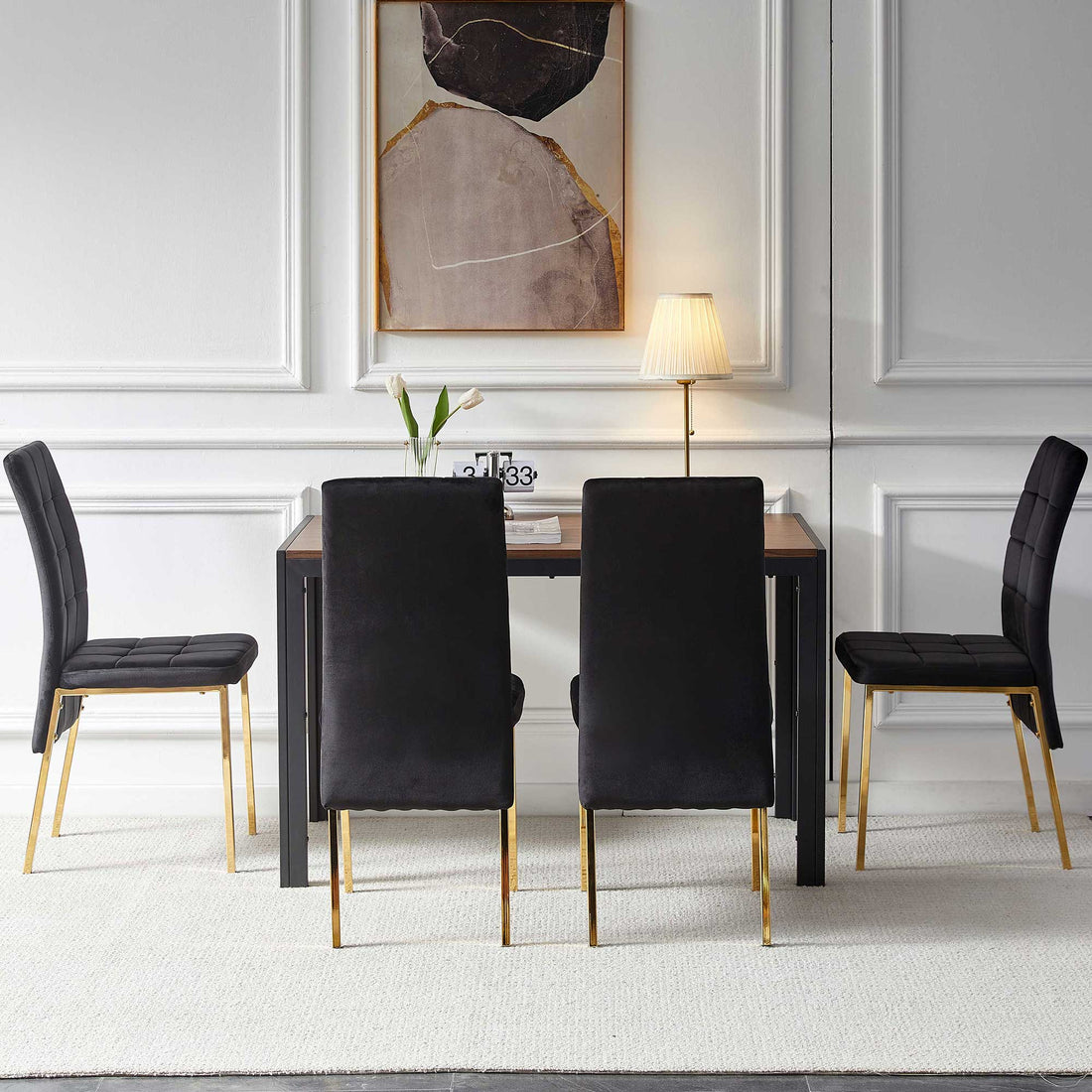 5 Pieces Dining Set Including Black Velvet High Back Golden Color Legs Nordic Dining Chair & Creative Design Mdf Dining Table Metal Black Seats 4 Brown Metal Dining Room 4 Leg Square Dining Table With Chair Mdf