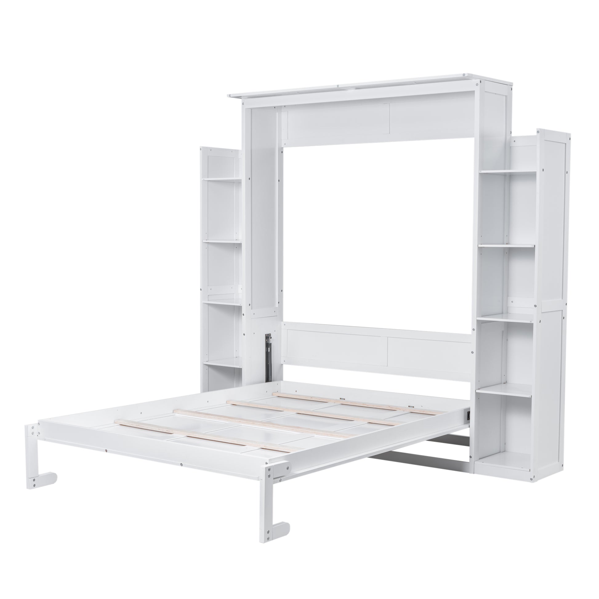 Queen Size Murphy Bed Wall Bed With Shelves And Led Lights,White White Solid Wood Mdf