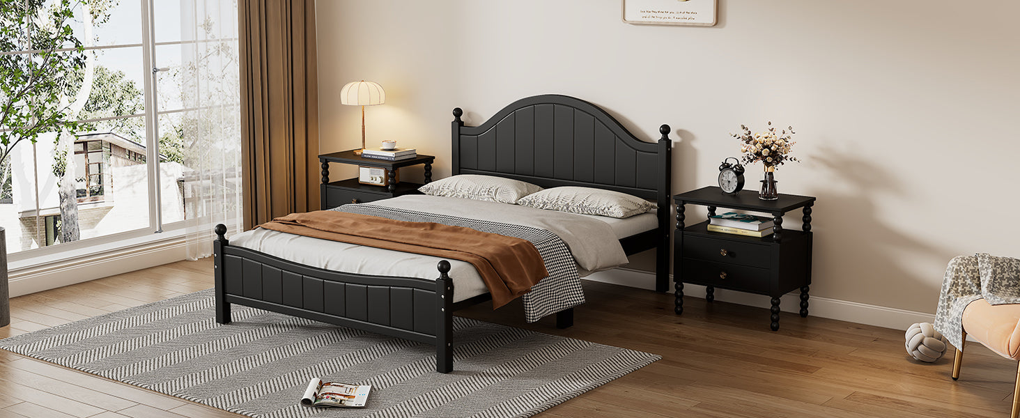 Traditional Concise Style Black Solid Wood Platform Bed, No Need Box Spring, Queen Black Wood