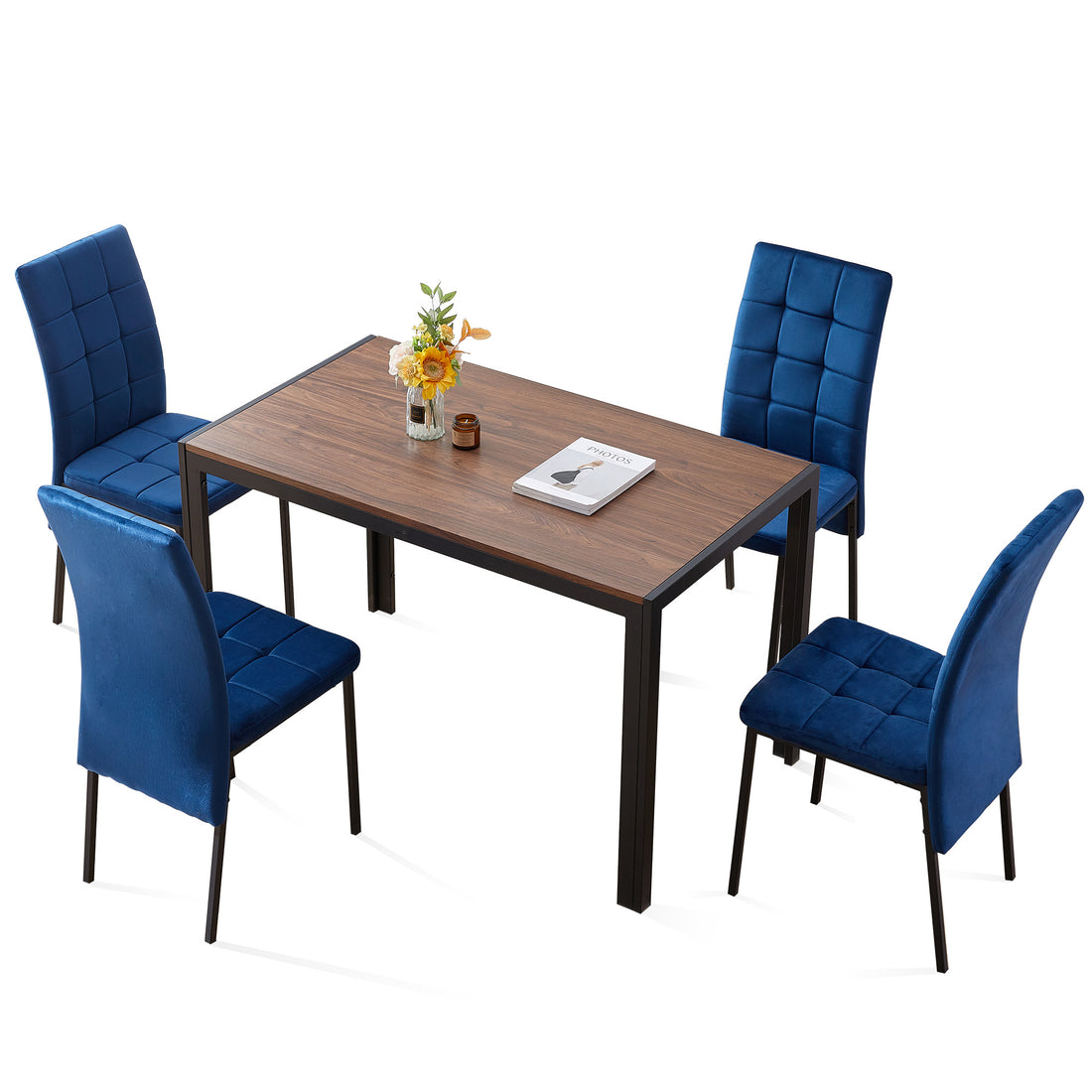 5 Piece Dining Set Including Blue Velvet High Back Nordic Dining Chair & Creative Design Mdf Dining Table Metal Blue Seats 4 Brown Metal Dining Room 4 Leg Square Dining Table With Chair Mdf