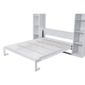 Queen Size Murphy Bed Wall Bed With Shelves And Led Lights,White White Solid Wood Mdf