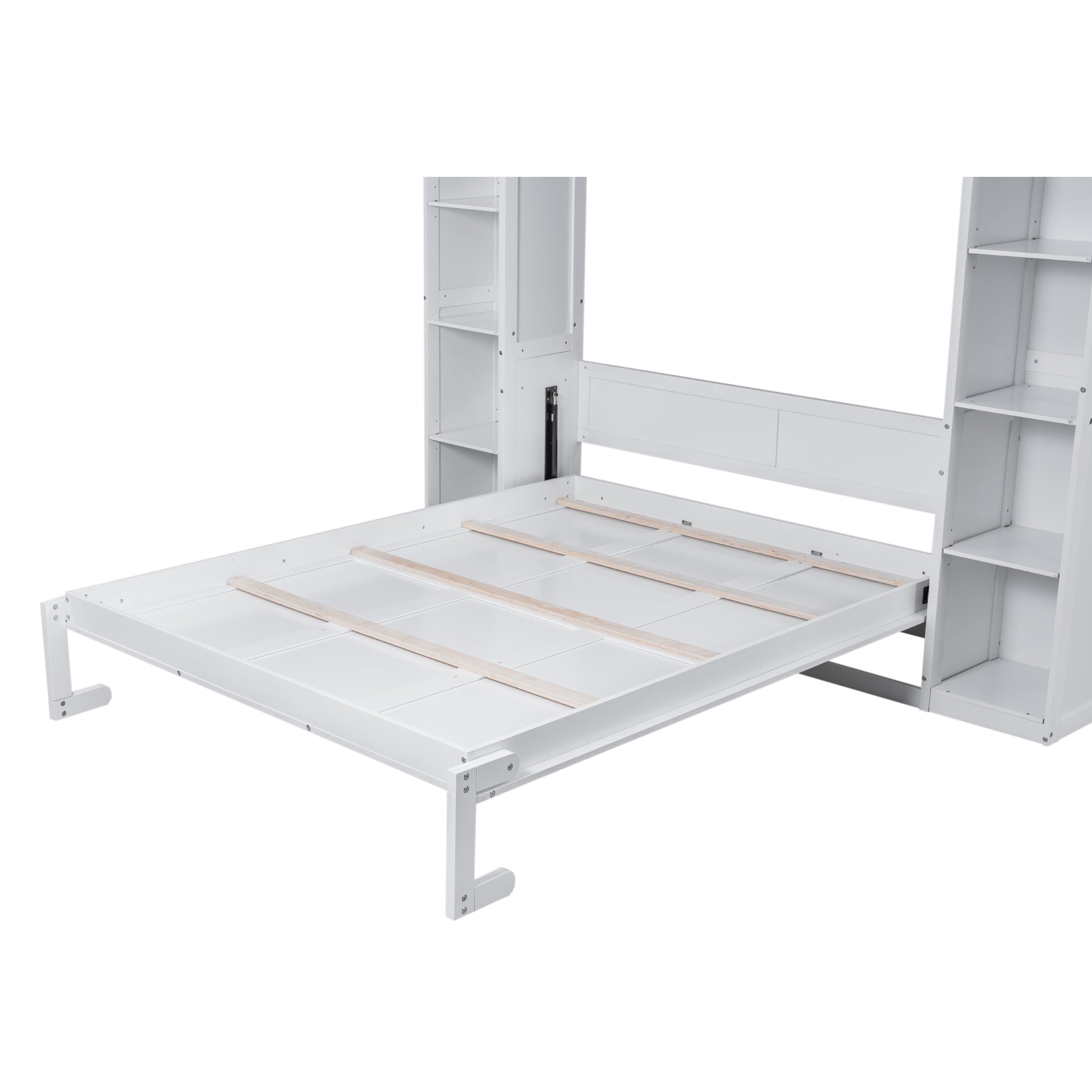 Queen Size Murphy Bed Wall Bed With Shelves And Led Lights,White White Solid Wood Mdf