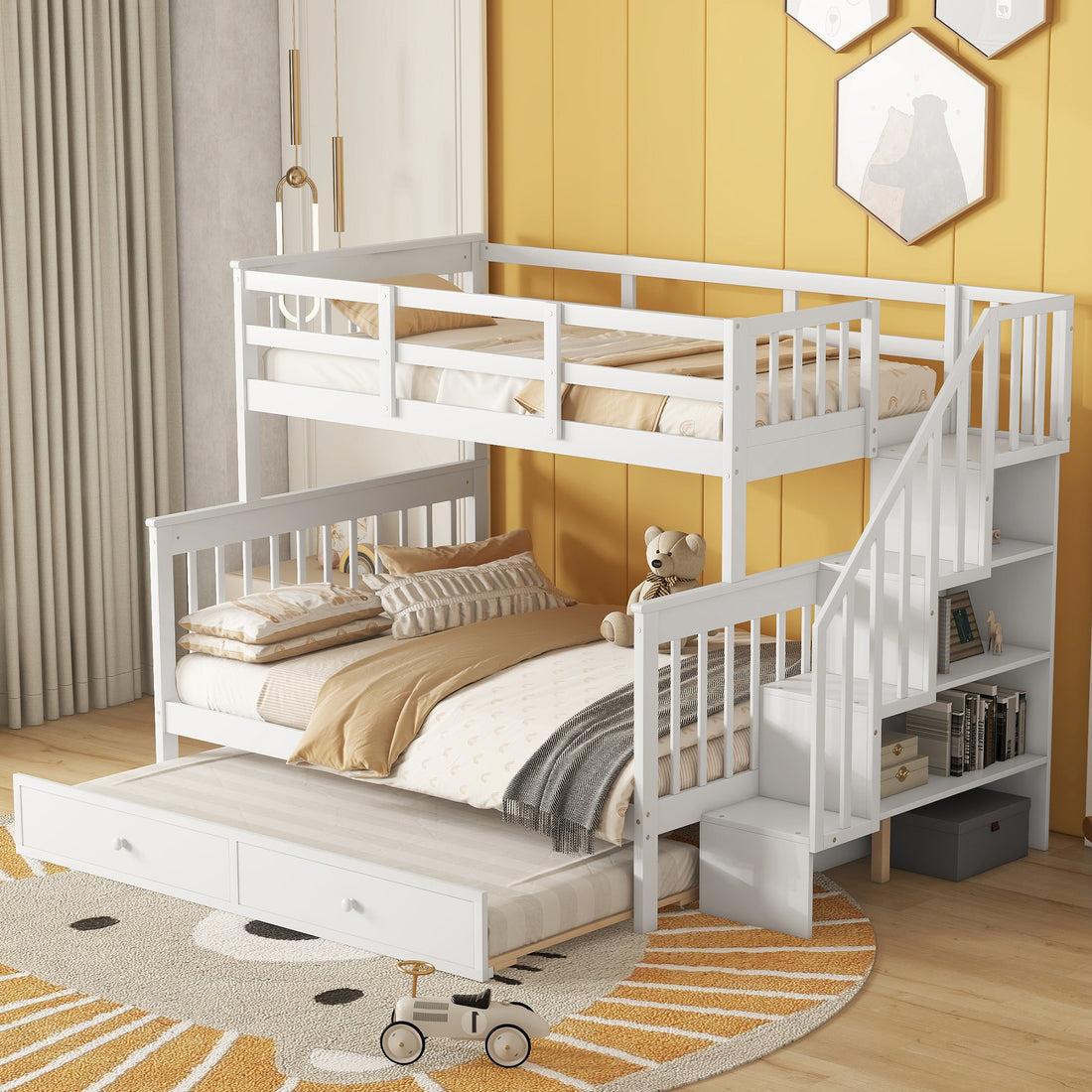 Twin Over Full Bunk Bed With Twin Size Trundle, Storage And Guard Rail For Bedroom, Dorm, For Adults, White Old Sku :Lt000119Aak Twin White Solid Wood