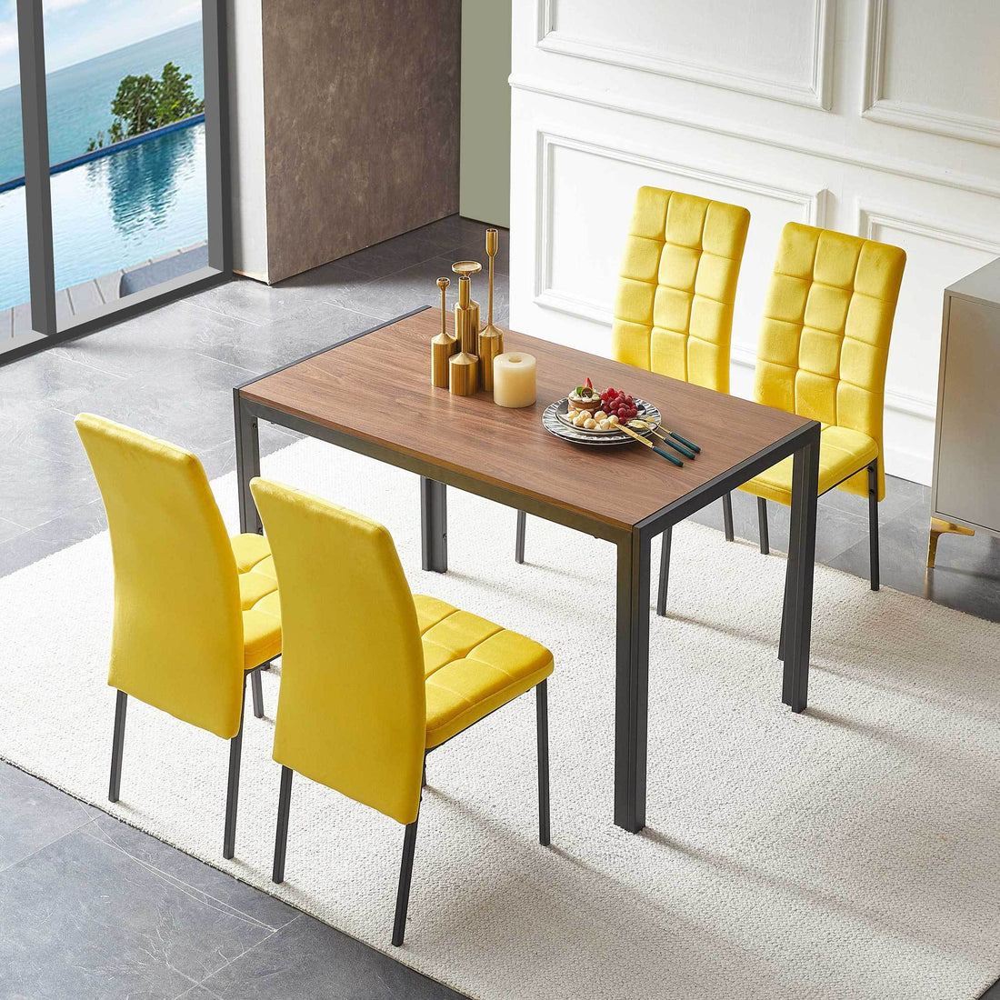 5 Piece Dining Set Including Yellow Velvet High Back Nordic Dining Chair & Creative Design Mdf Dining Table Metal Yellow Seats 4 Brown Metal Dining Room 4 Leg Square Dining Table With Chair Mdf