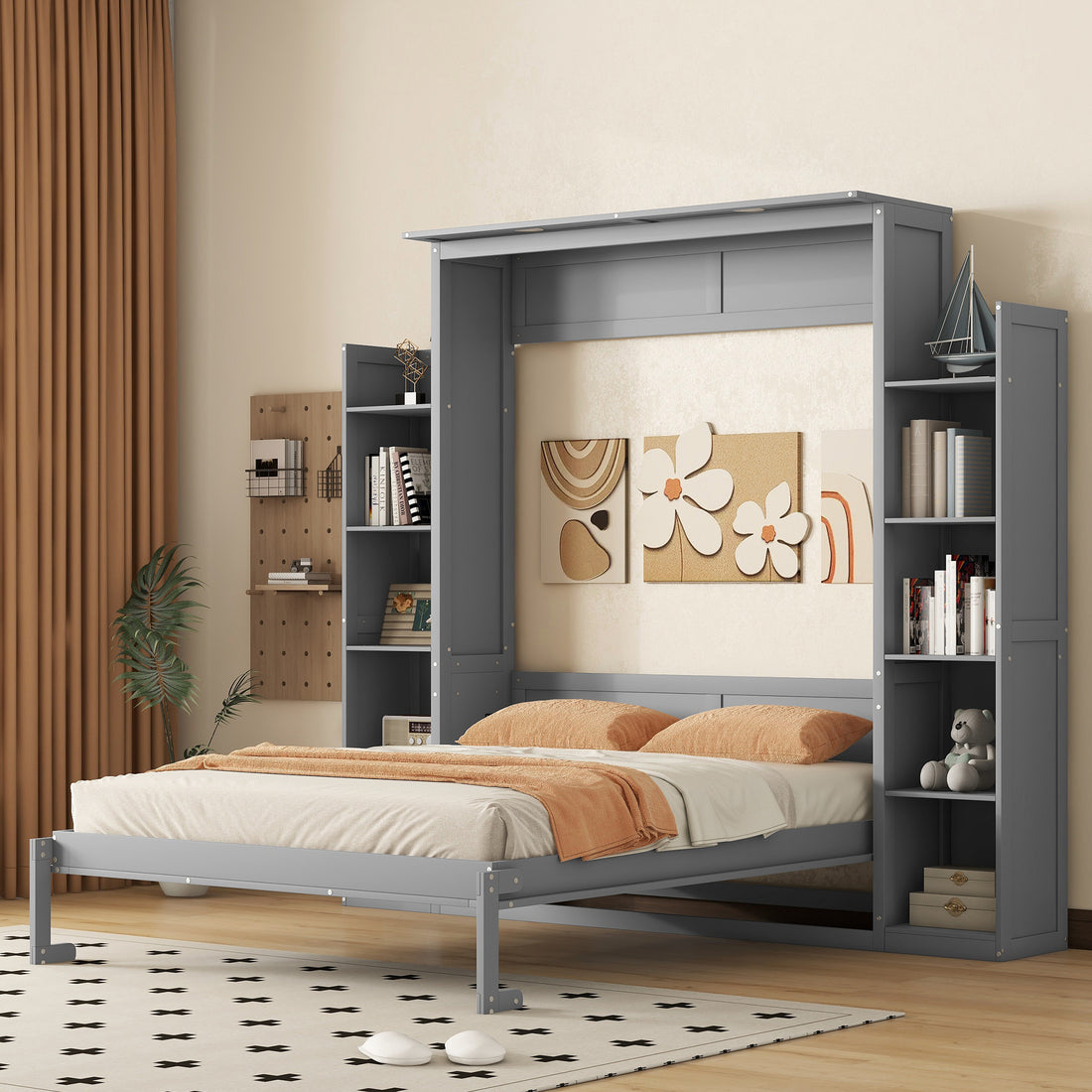 Queen Size Murphy Bed Wall Bed With Shelves And Led Lights,Gray Gray Solid Wood Mdf